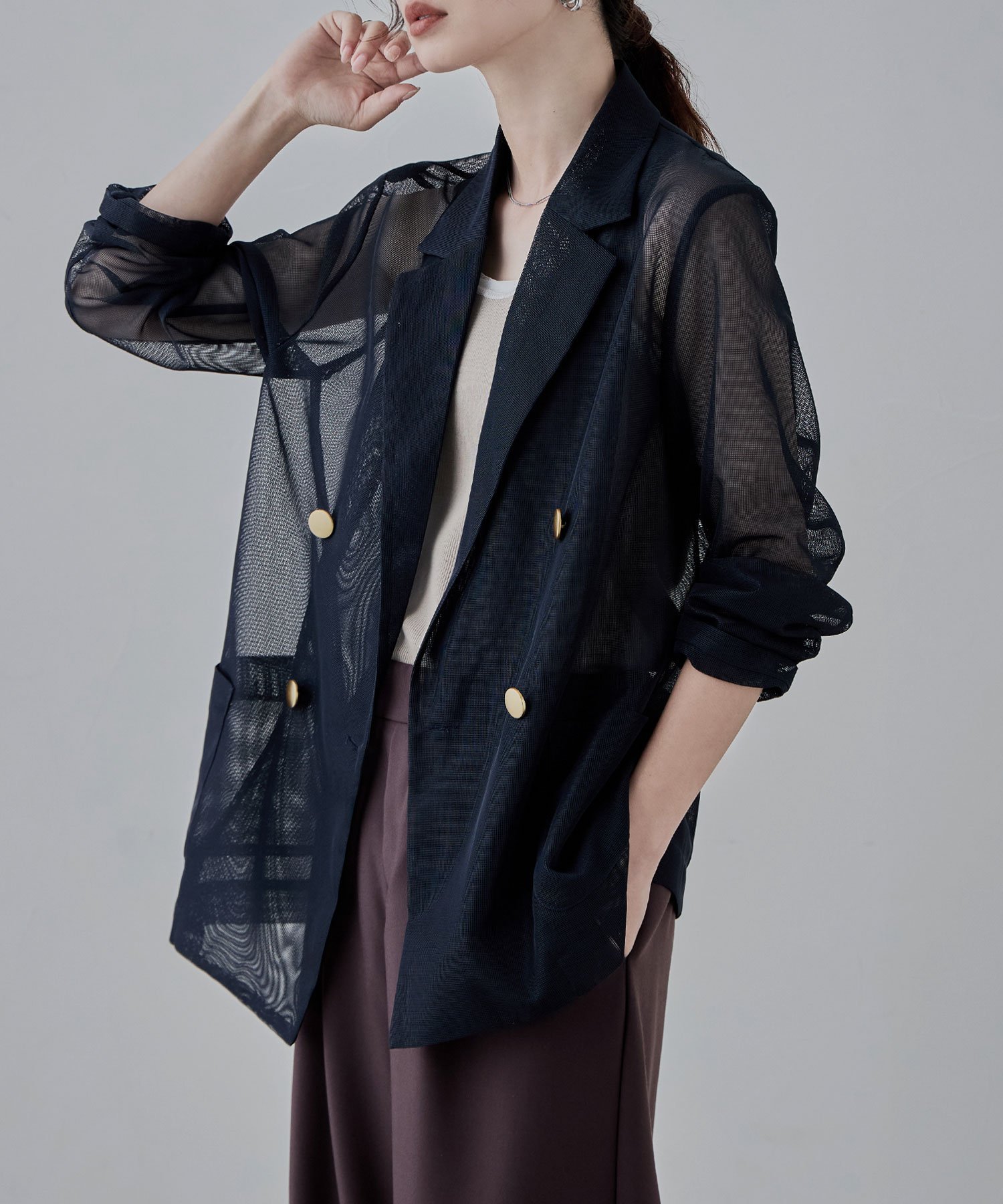 etoll. メッシュシアーテーラードジャケット ビーフラット ジャケット・アウター テーラードジャケット・ブレザー ネイビー ベージュ【送料無料】のサムネイル