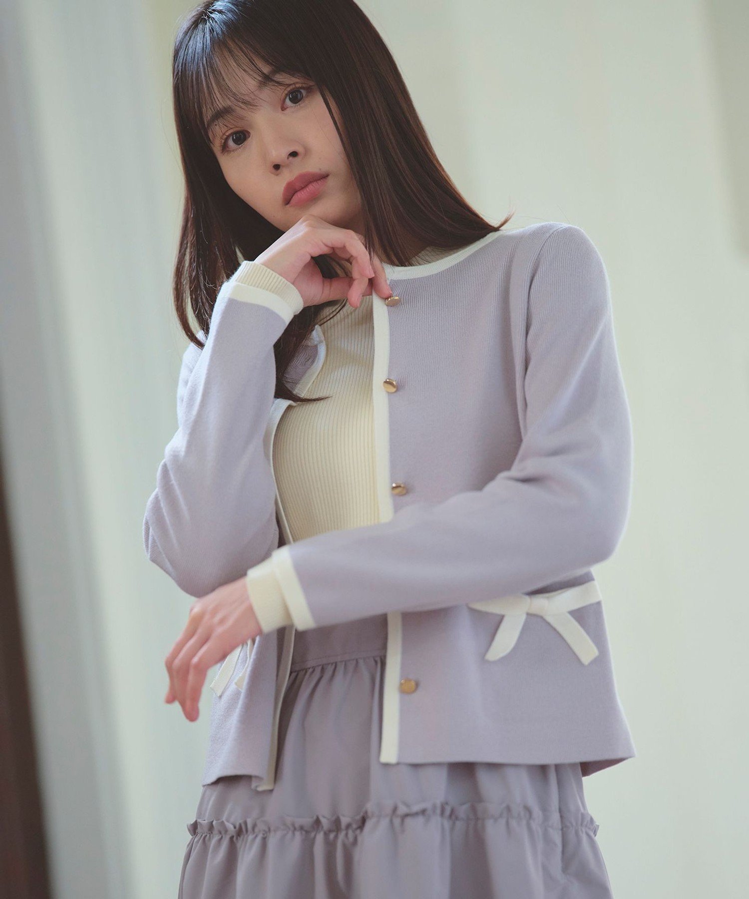 Feroux バイカラーリボンニット カーディガン フェルゥ トップス カーディガン ブラック ホワイト【送..