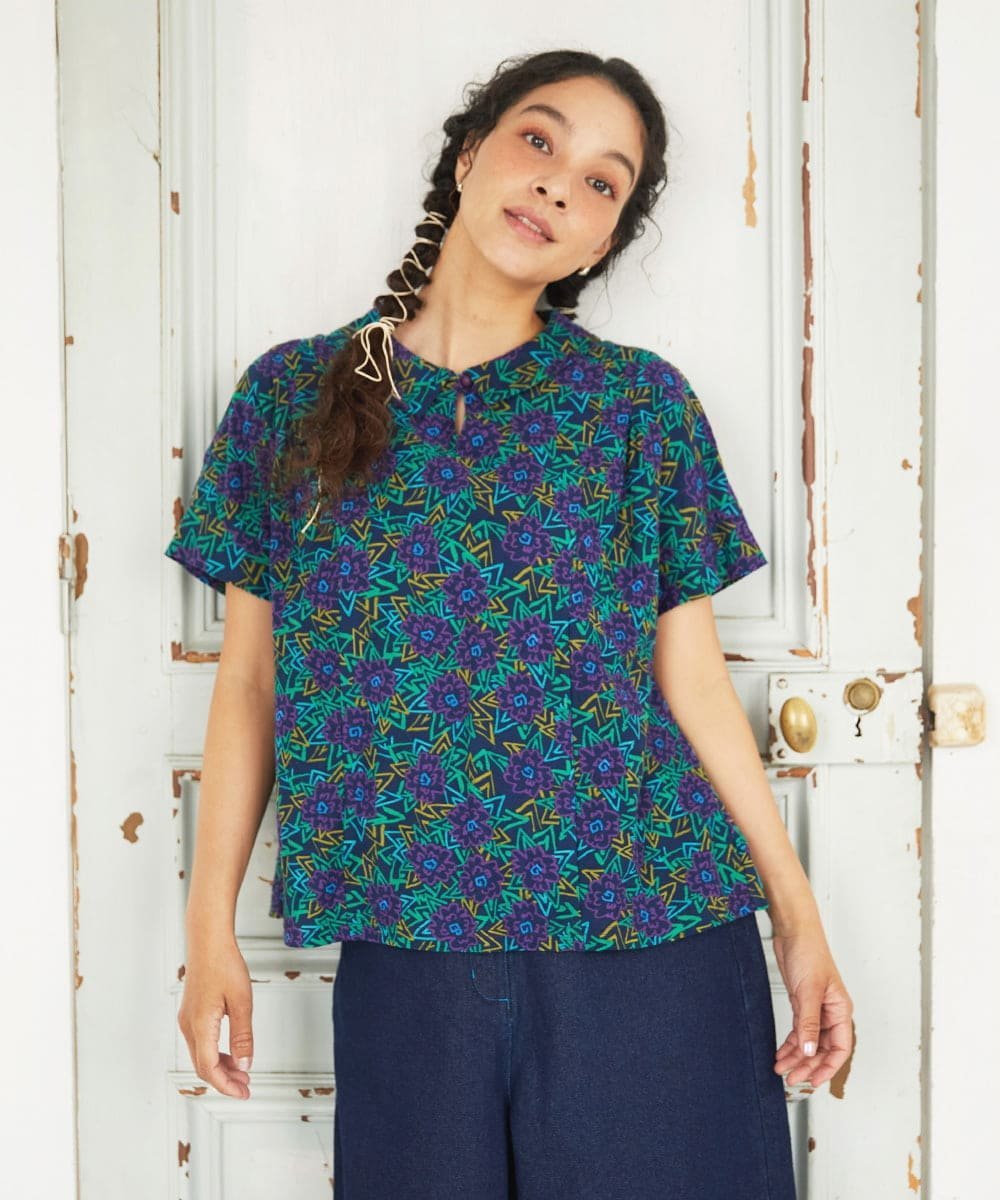 Jocomomola Dorotea フラワープリント半袖カットソー ホコモモラ トップス カットソー・Tシャツ ネイビー ホワイト