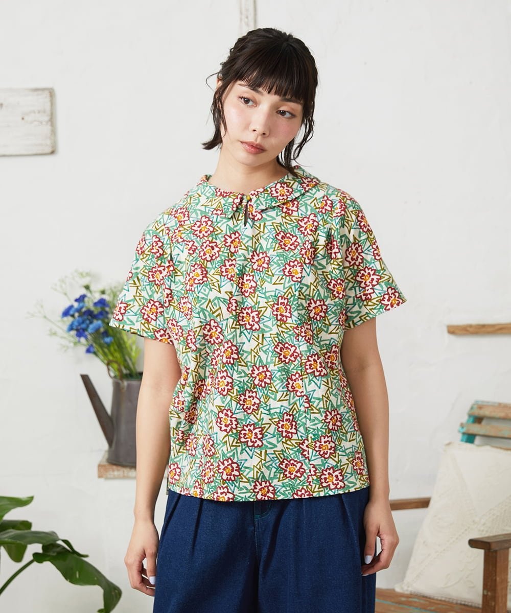 Jocomomola Dorotea フラワープリント半袖カットソー ホコモモラ トップス カットソー・Tシャツ ネイビー ホワイト