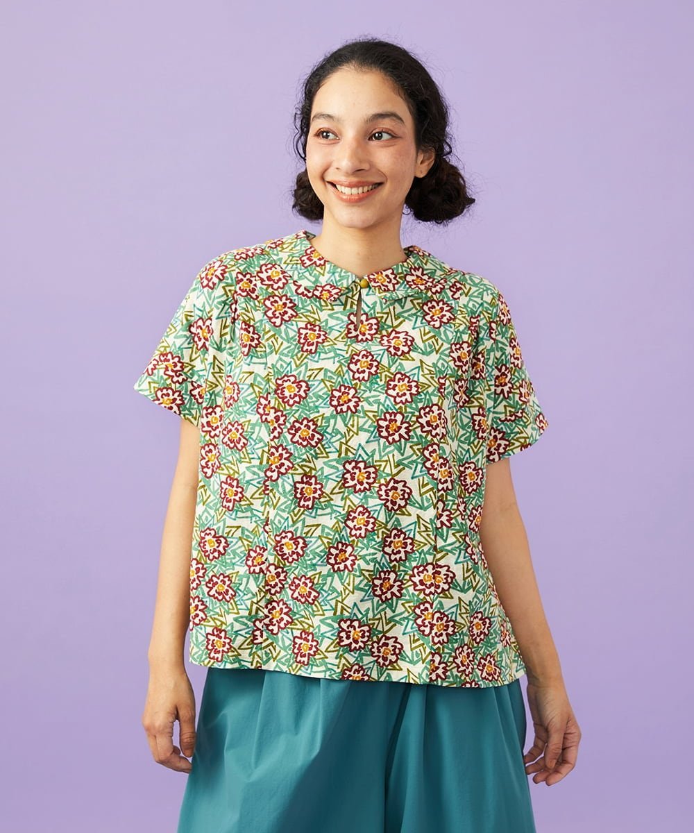 Jocomomola Dorotea フラワープリント半袖カットソー ホコモモラ トップス カットソー・Tシャツ ネイビー ホワイト