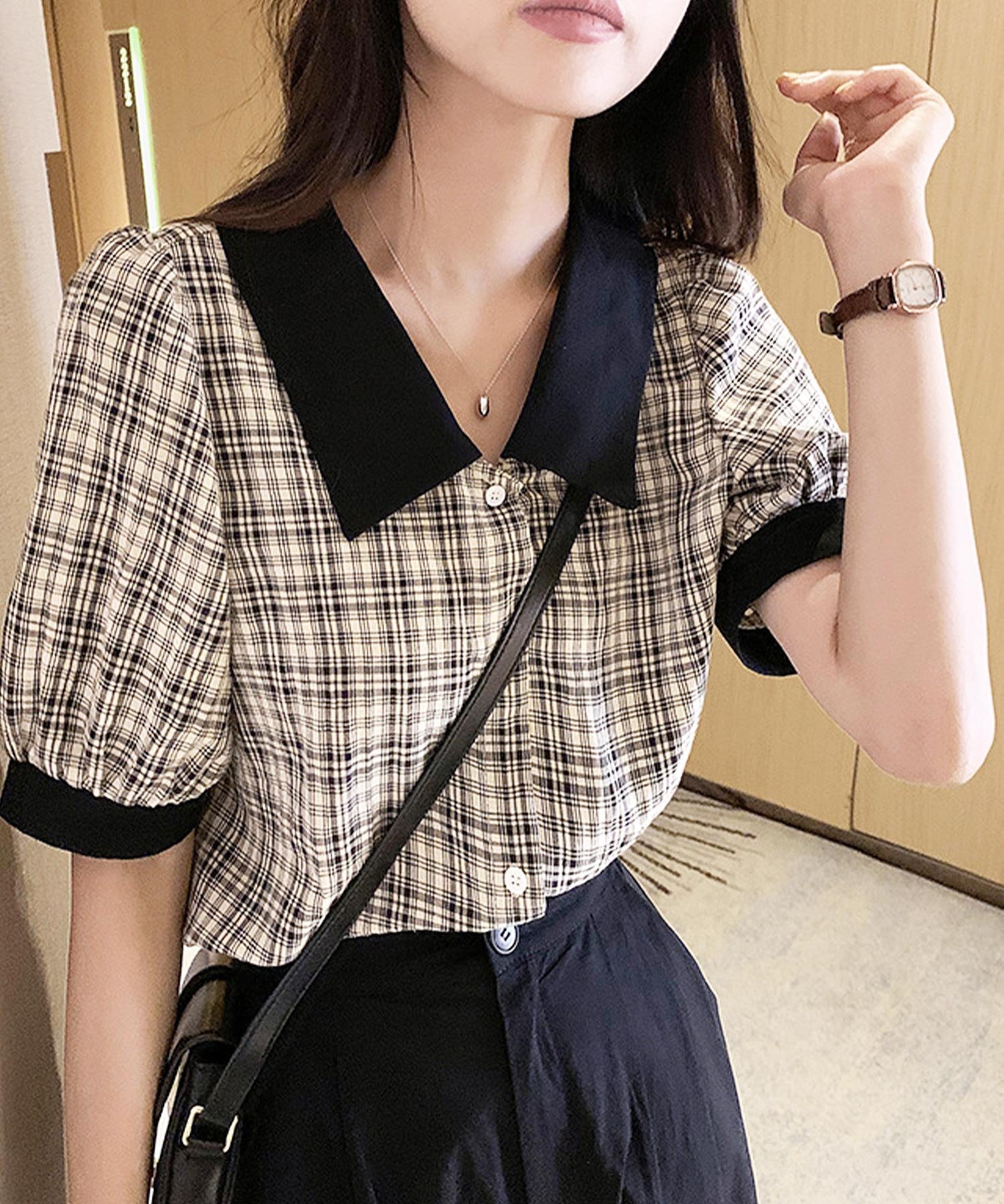 【SALE／38%OFF】Amulet 【Amulet】チェック柄パフスリーブ半袖シャツ アミュレット トップス シャツ・ブラウス ブラック オレンジ