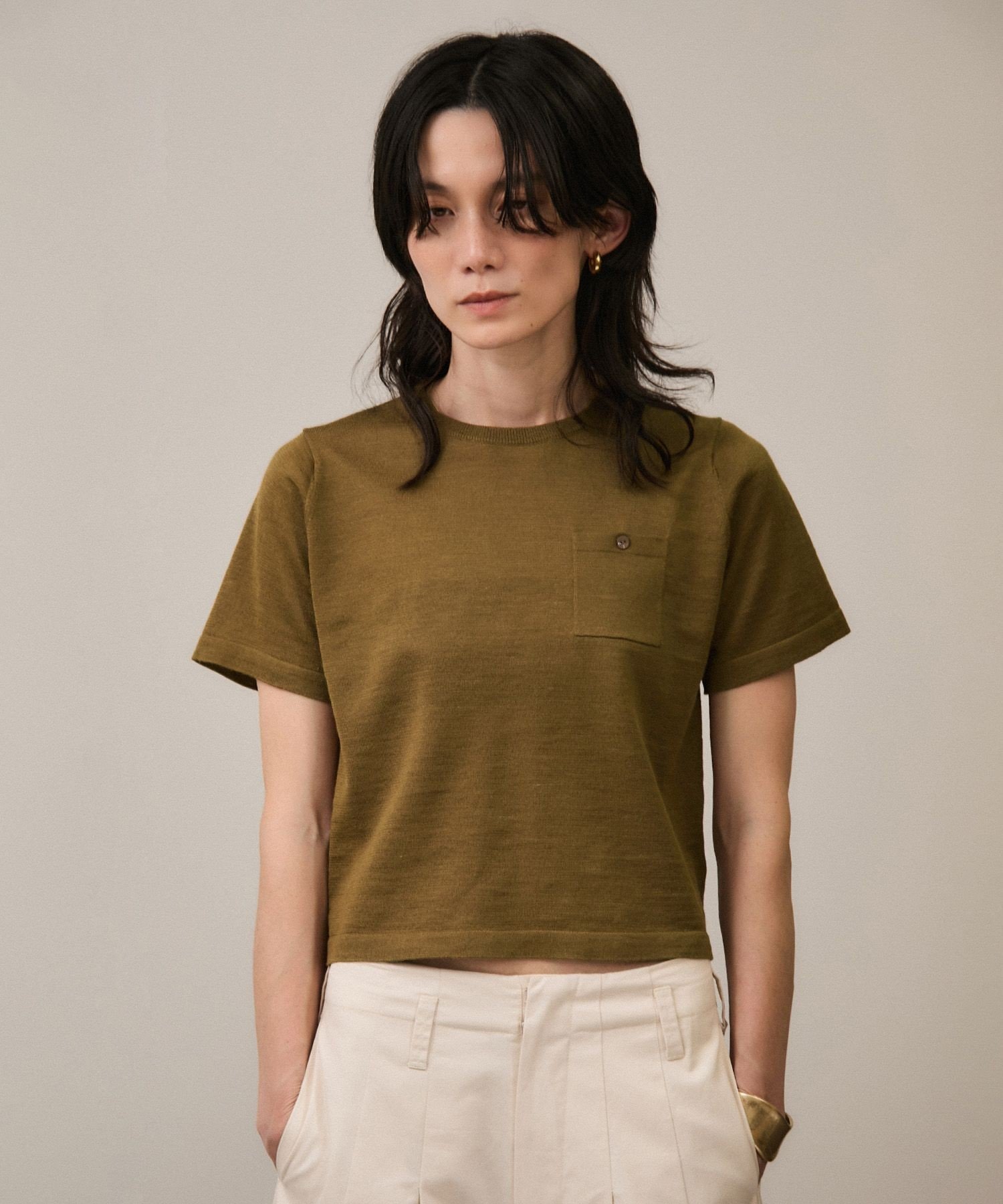 SALON adam et rope' クロップドハーフスリーブリネンニット[ドライタッチ・洗える] サロン アダム エ ロペ トップス カットソー・Tシャツ ブラック ピンク ブルー カーキグリーン ホワイト