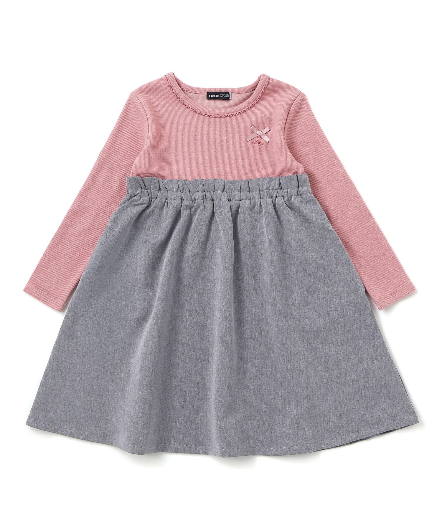 BeBe テレコ*ツイル切り替え長袖ワンピース(90~150cm) ベベ オンライン ストア ワンピース・ドレス ワンピース ピンク グレー【送料無料】