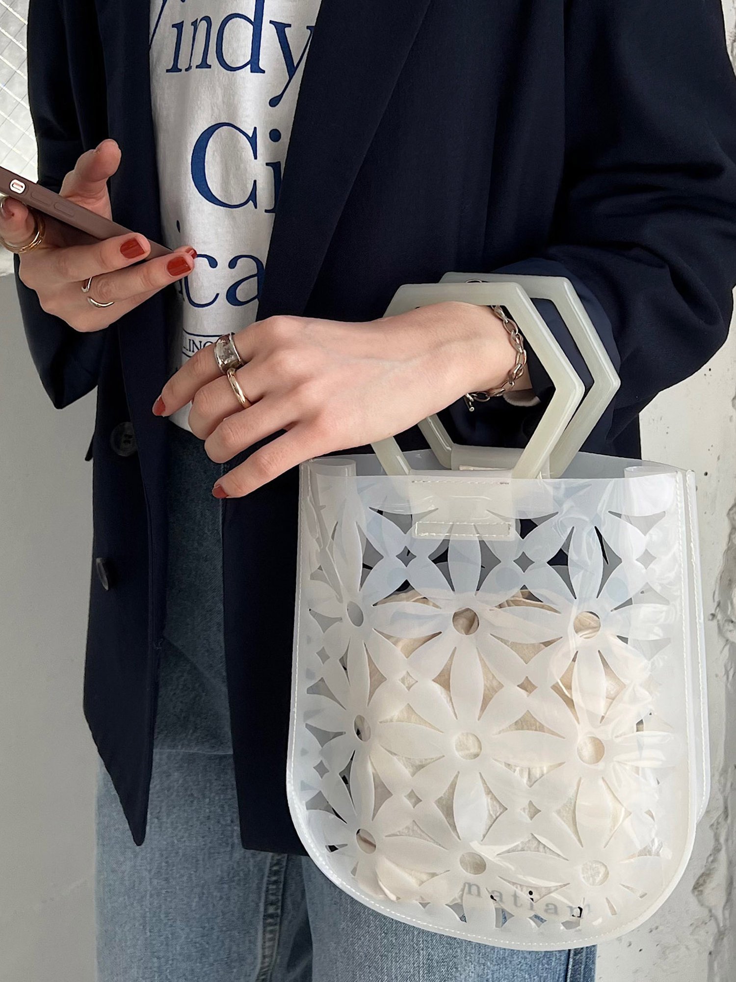 Discoat 【Casselini/キャセリーニ】PVCフラワーカットワークバッグ ディスコート バッグ トートバッグ ホワイト ブラウン ブラック【送料無料】のサムネイル