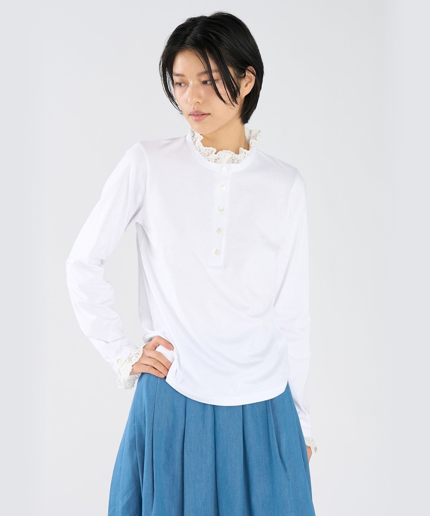 レース コットン ヘンリーネック トップス "Harpiste" アニエスベー トップス カットソー・Tシャツ ホワイト