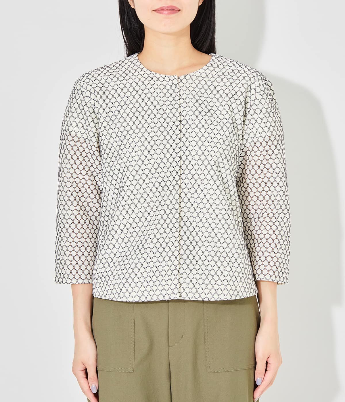 NEWYORKER WOMEN 7分袖クルーネックカーディガン レディース ラッセルレース ニューヨーカー トップス カットソー・Tシャツ ブラック ホワイト