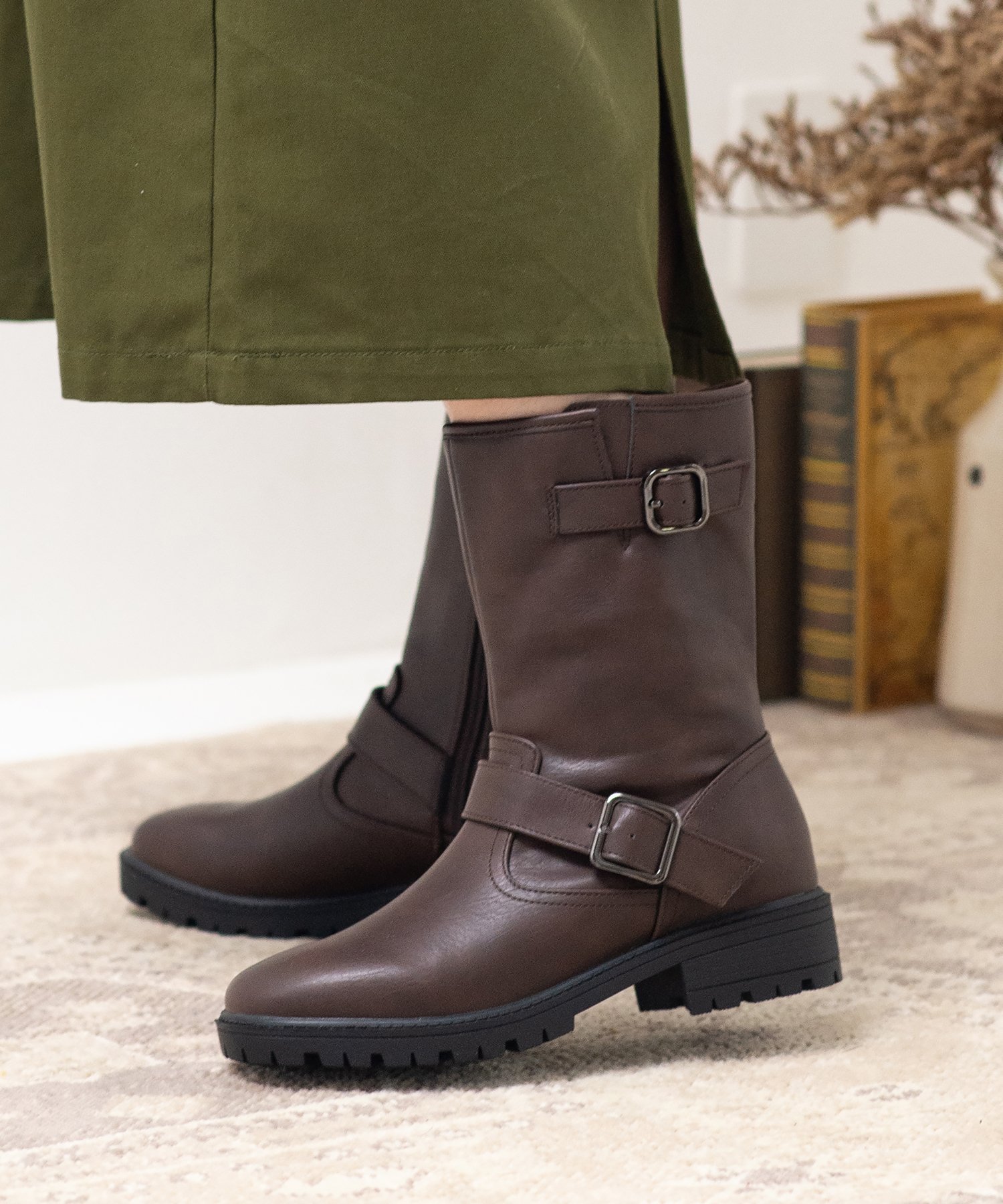 World wood 本牛革ブラウン エンジニアブーツ バックル付き