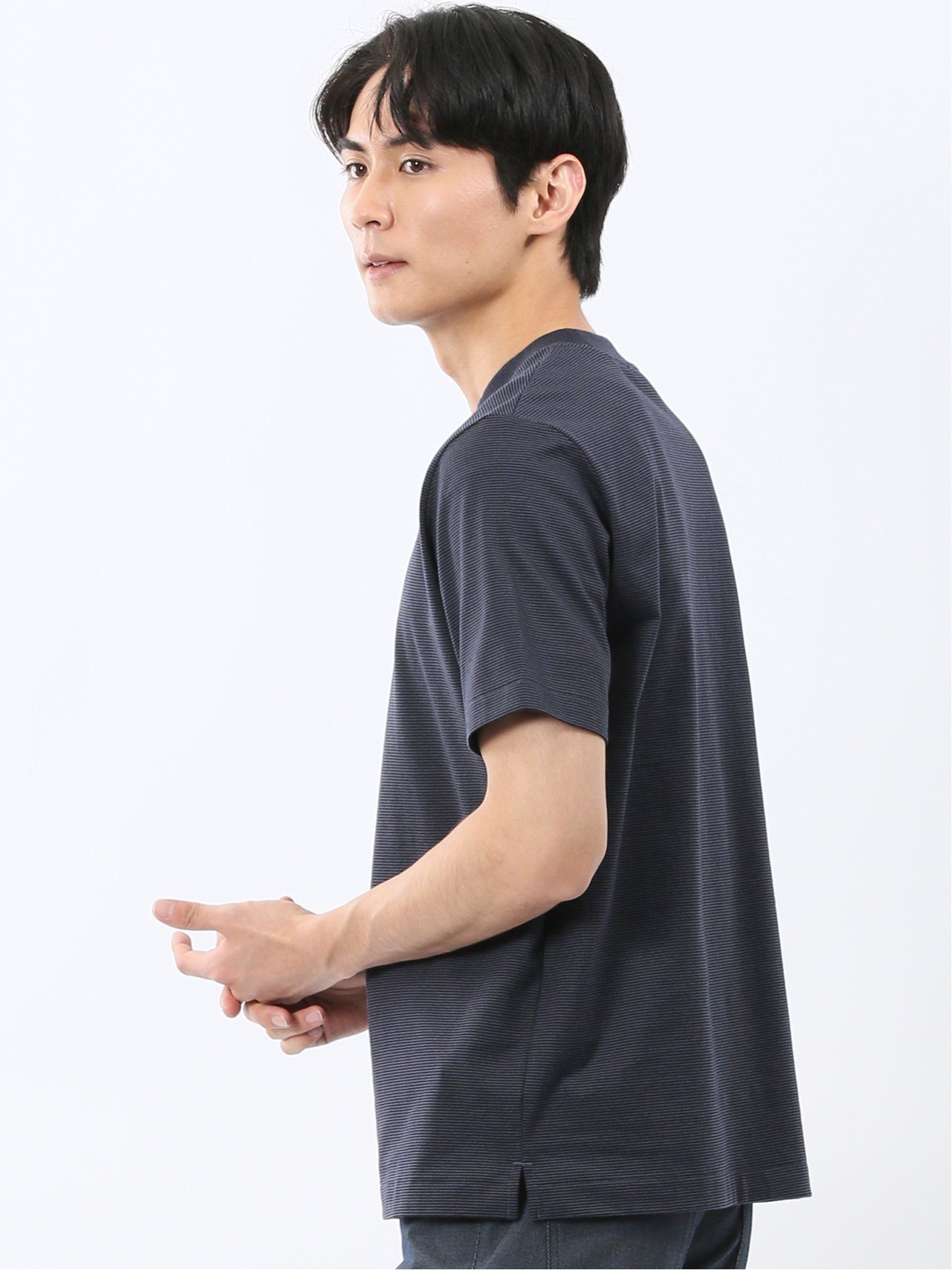 【SALE／10%OFF】TAKA-Q 【DRESS T-SHIRT】綿ストレッチ ボーダー クルーネック半袖Tシャツ タカキュー トップス カットソー・Tシャツ グレー ネイビー