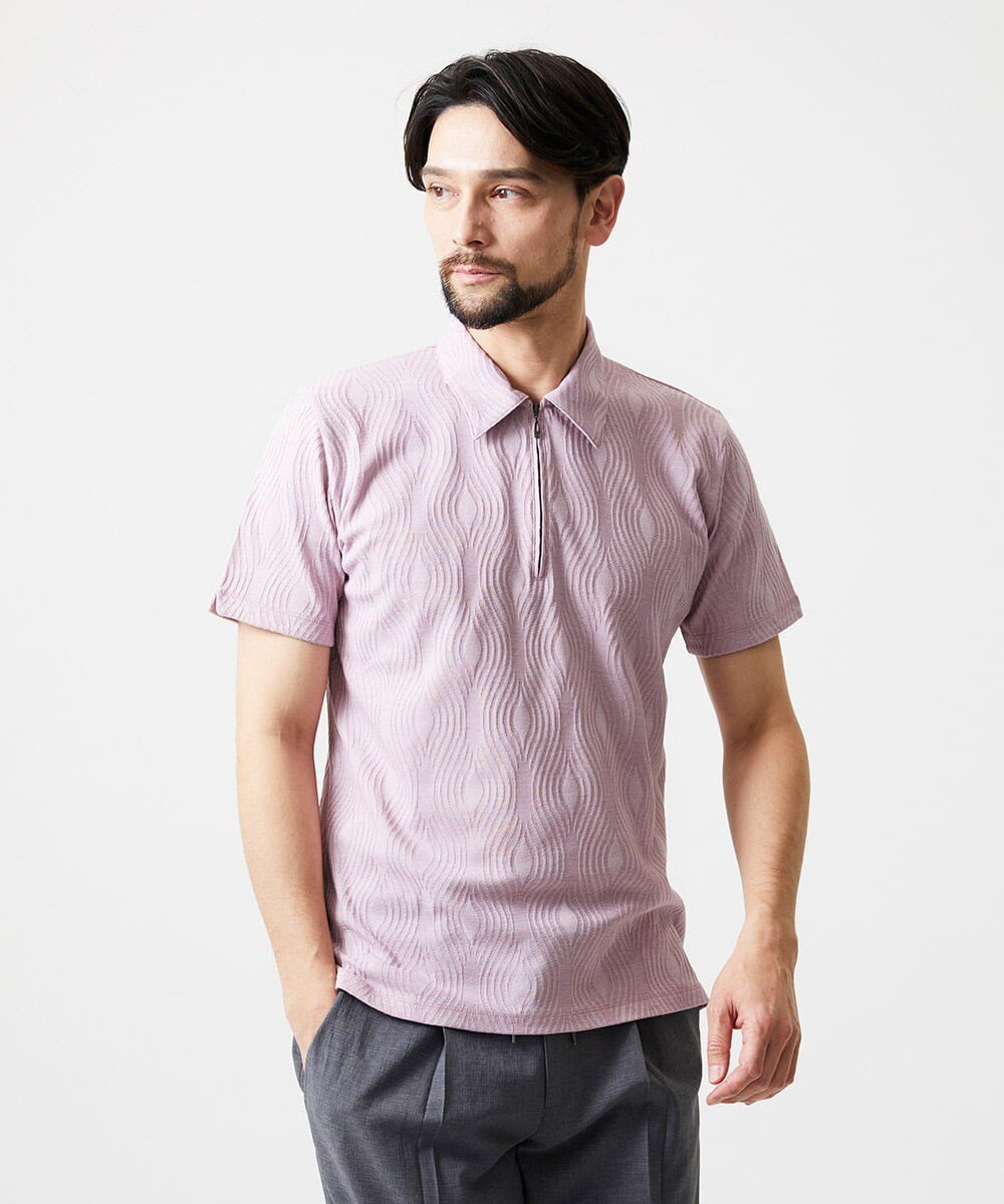 MICHEL KLEIN HOMME 《日本製》スモーク柄ハーフジップ半袖ポロシャツ ミッシェルクランオム トップス カットソー・Tシャツ ネイビー ピンク