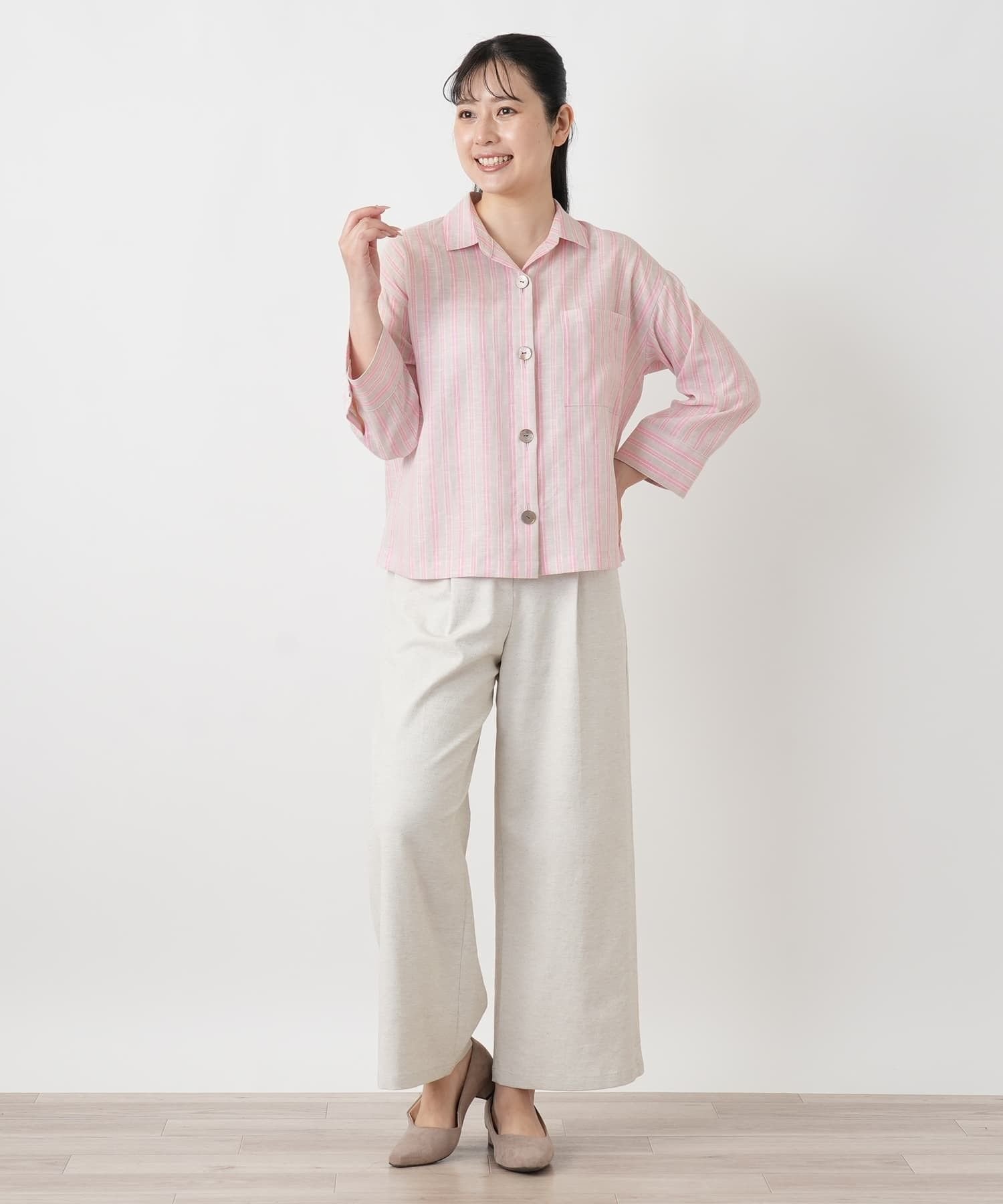 Leilian ストライプオープンカラーブラウス【Leilian WHITE LABEL】【SOMELOS】 レリアン トップス シャツ・ブラウス ピンク