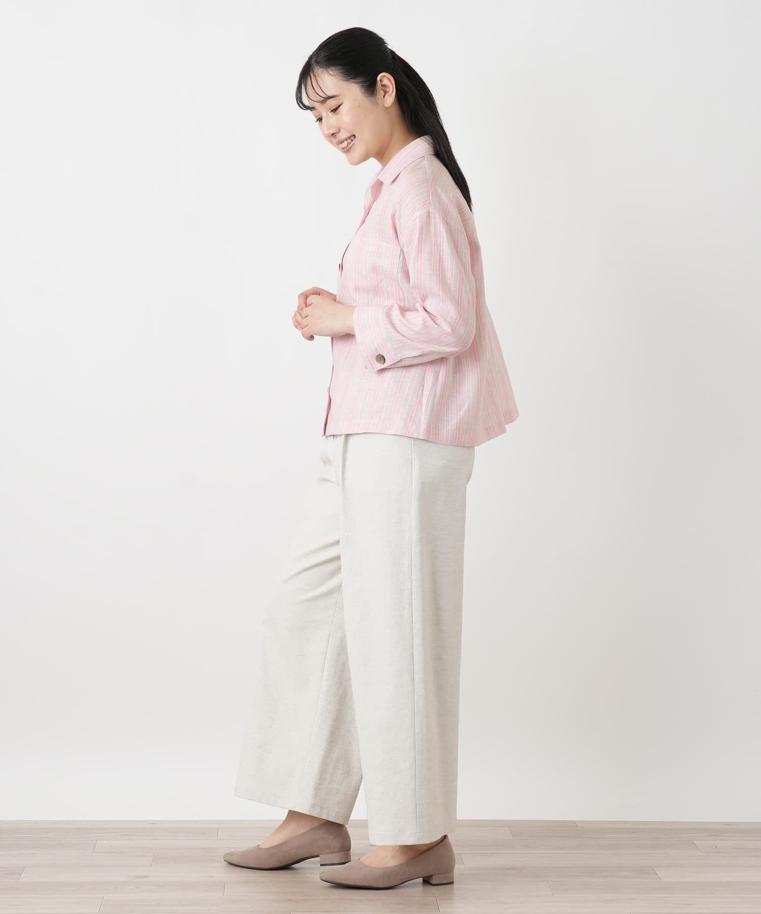 Leilian ストライプオープンカラーブラウス【Leilian WHITE LABEL】【SOMELOS】 レリアン トップス シャツ・ブラウス ピンク