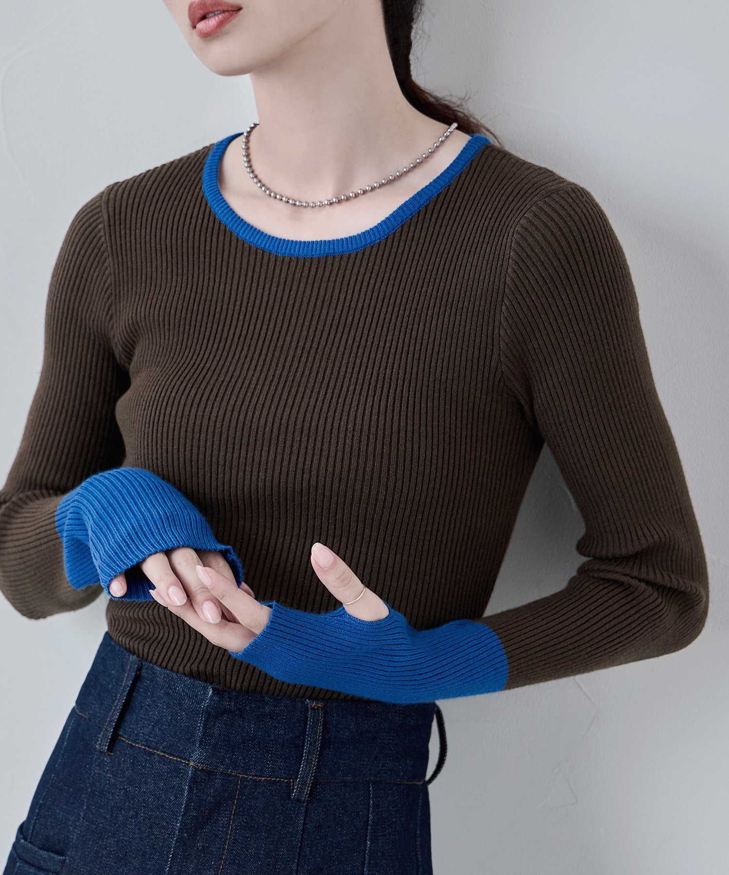 etoll. バイカラーフィンガーホールリンガーリブニット ビーフラット トップス ニット ホワイト ブラウン ブラック グレー【送料無料】(4)