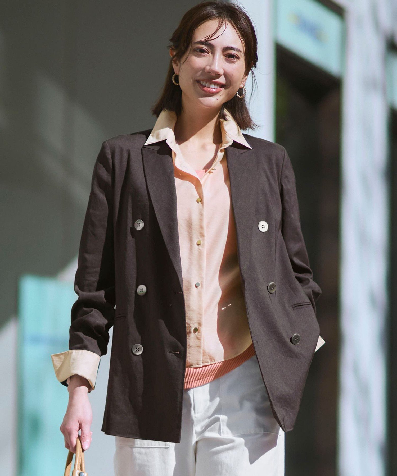23区 S 【CanCam/Oggi/CLASSY掲載】リネンレーヨンストレッチ ダブルジャケット ニジュウサンク ジャケット・アウター その他のジャケット・アウター ネイビー ベージュ