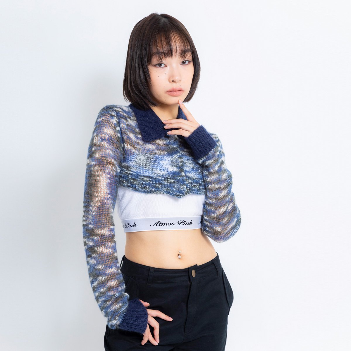 atmos pink atmos pink 襟付き ショート丈 ニットカーデ BLUE アトモス トップス ニット ブルー【送料無料】