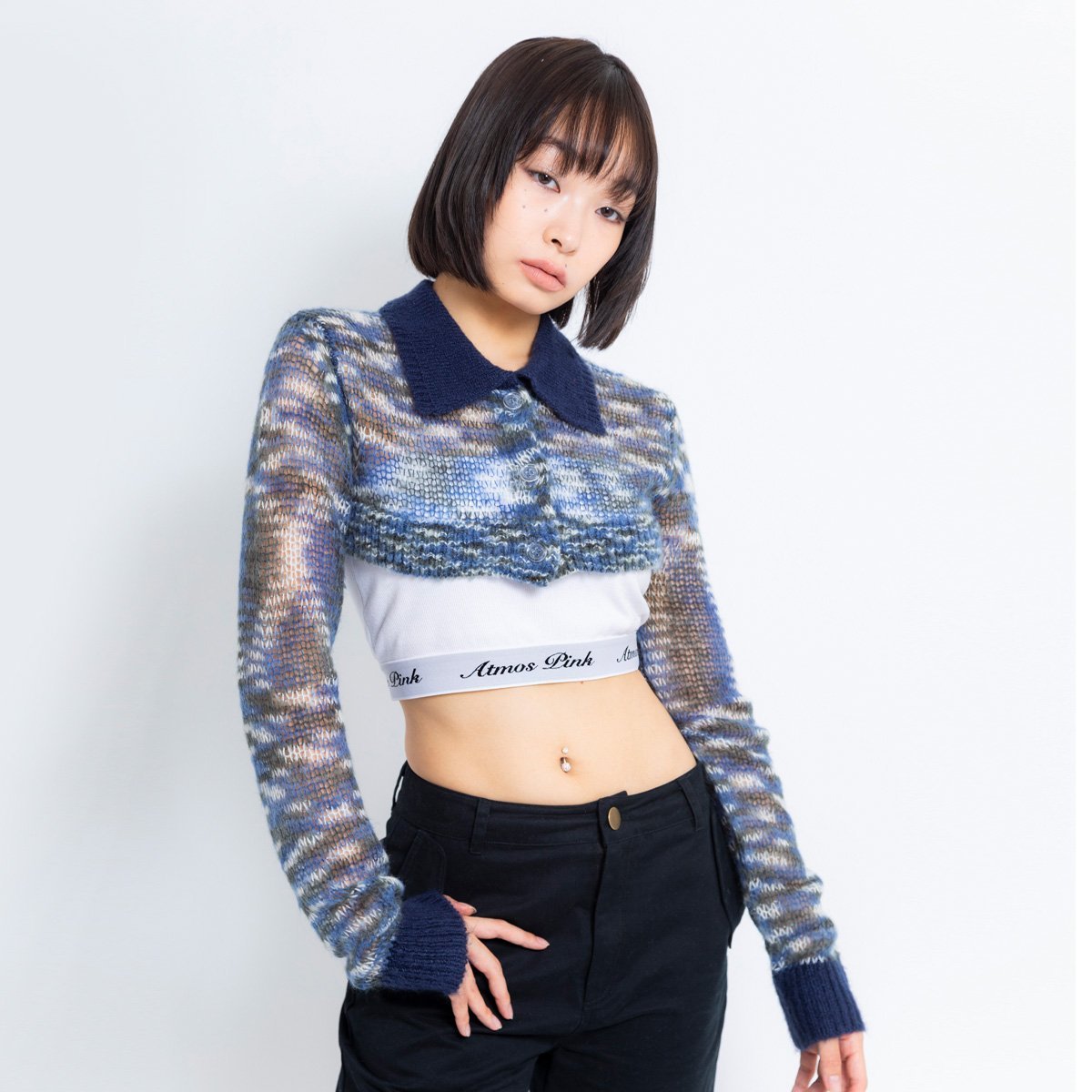 atmos pink atmos pink 襟付き ショート丈 ニットカーデ BLUE アトモス トップス ニット ブルー