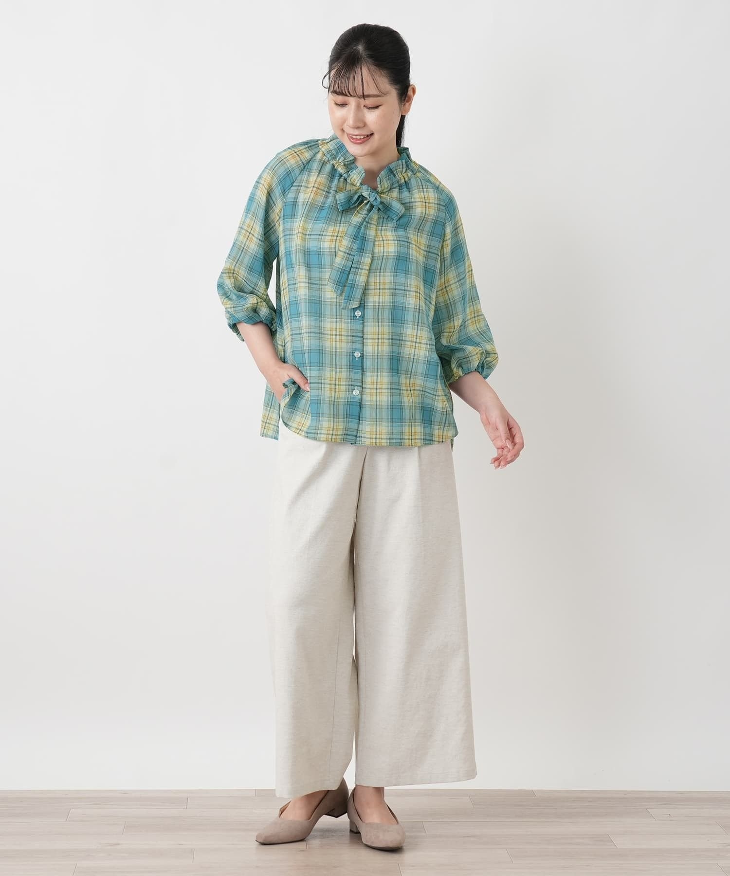 Leilian チェックボウタイブラウス【Leilian WHITE LABEL】 レリアン トップス シャツ・ブラウス パープル ホワイト