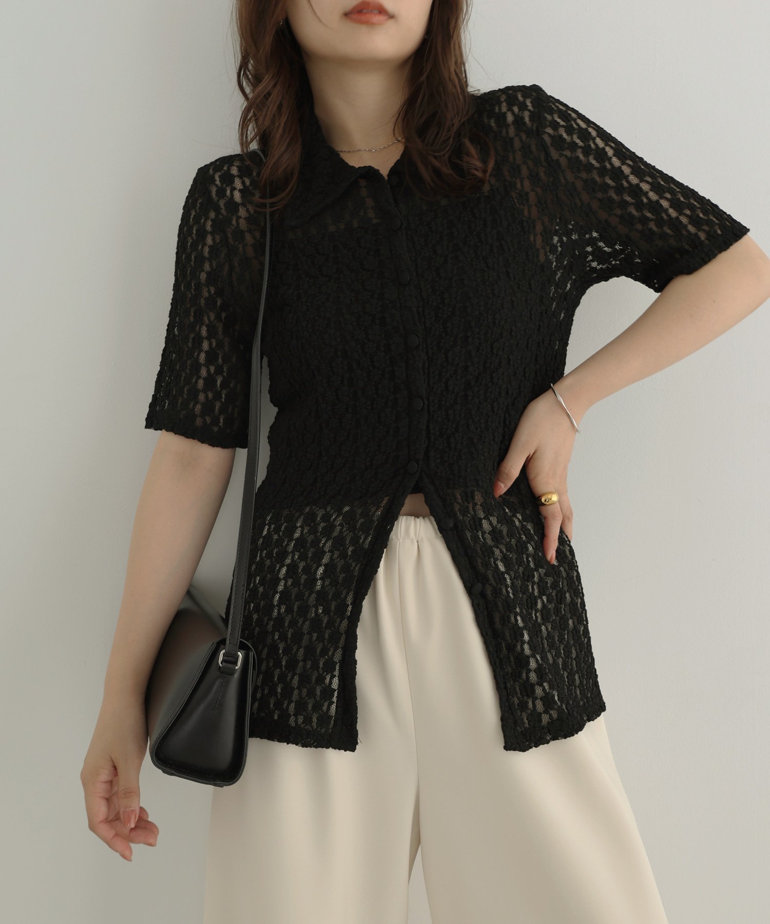 Nylon, Rayon, Polyester - Freesia フラワー レース 半袖 シャツ カーディガン Freesia フリージア アンドミー トップス カーディガン ブラック ブラウン ホワイト【送料無料】