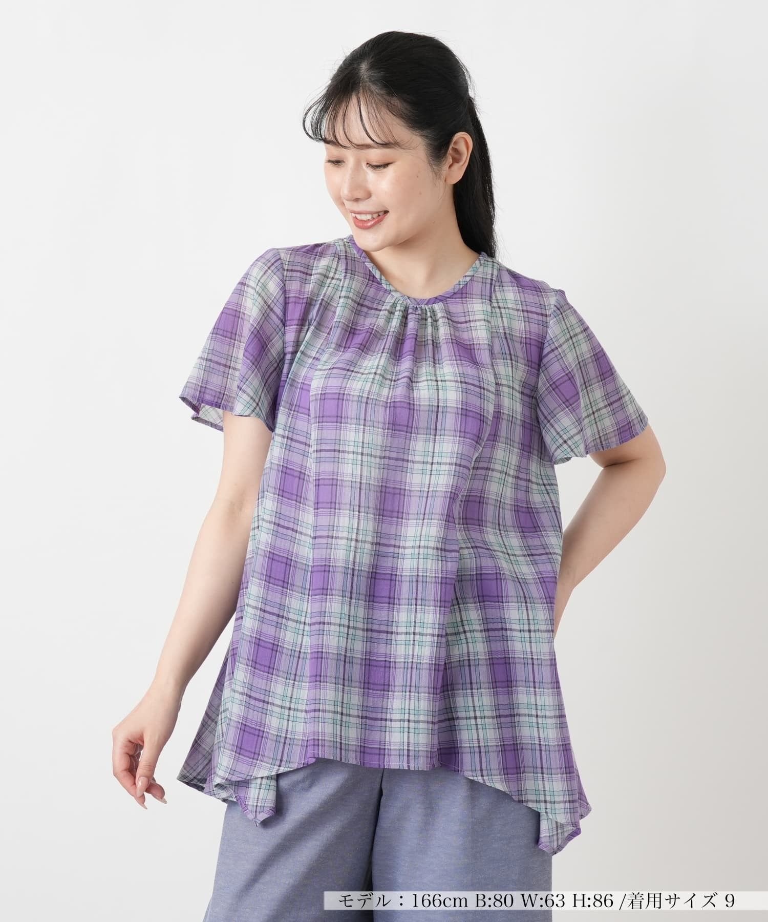 Leilian チェックフレアブラウス【Leilian WHITE LABEL】 レリアン トップス シャツ・ブラウス ホワイト パープル