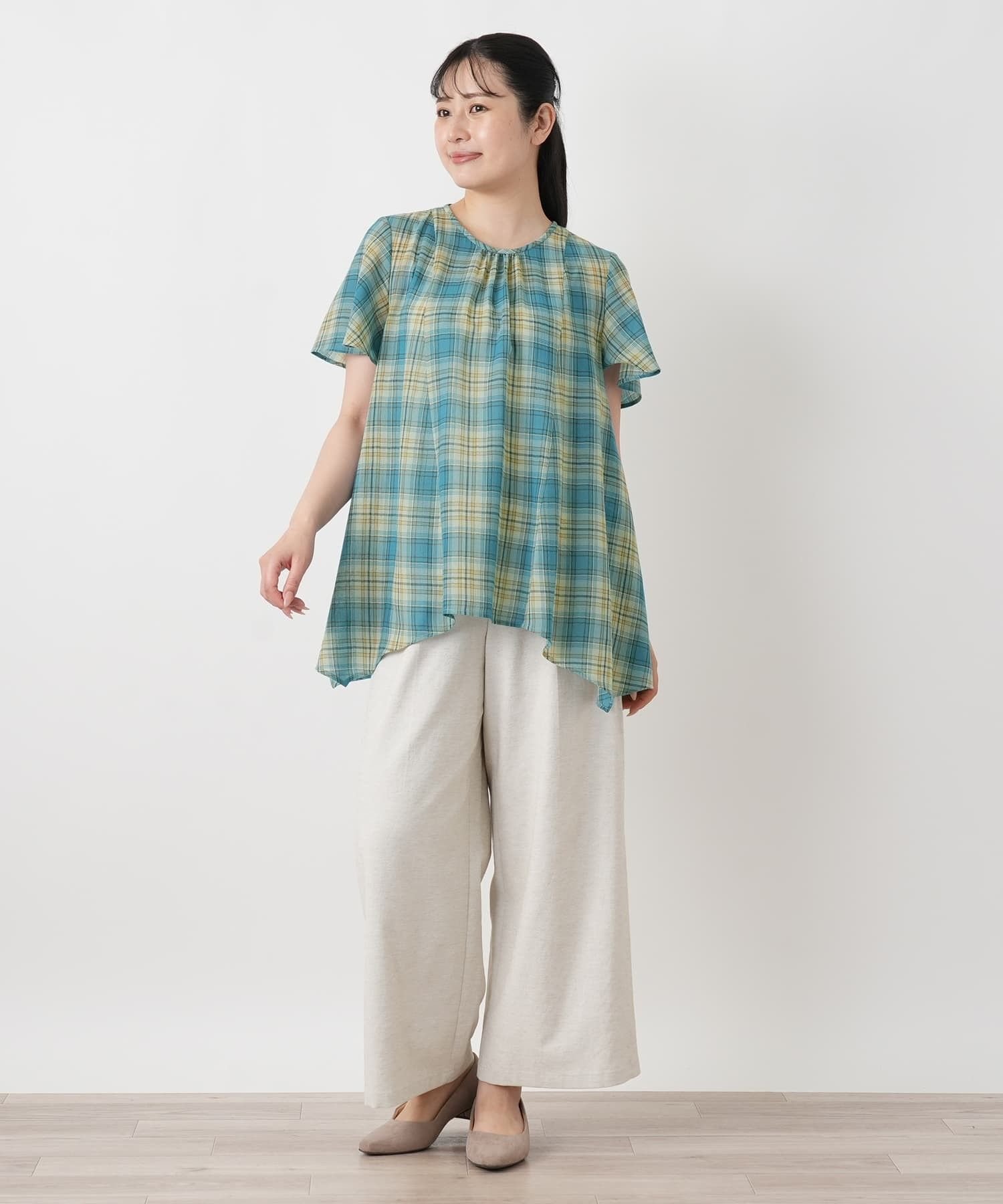 Leilian チェックフレアブラウス【Leilian WHITE LABEL】 レリアン トップス シャツ・ブラウス ホワイト パープル