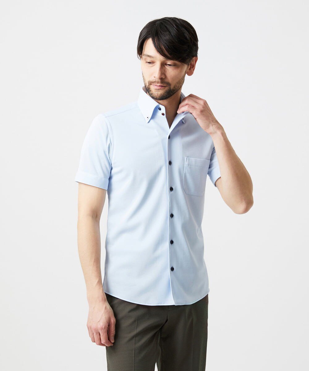 MICHEL KLEIN HOMME 《日本製》イージーケアボタンダウン半袖シャツ ミッシェルクランオム トップス シャツ・ブラウス ネイビー ホワイト