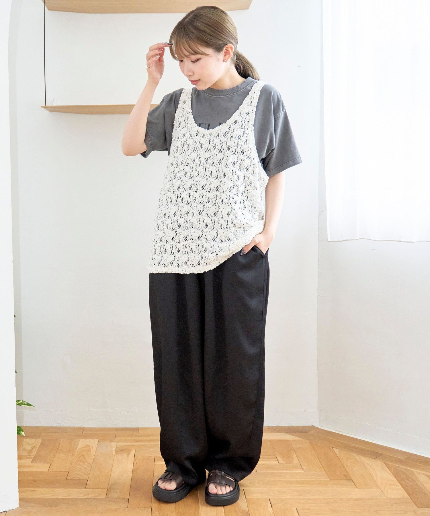 RONEL 【RONEL】ジャージーレースタンク コーエン トップス ノースリーブ・タンクトップ ホワイト ブラック