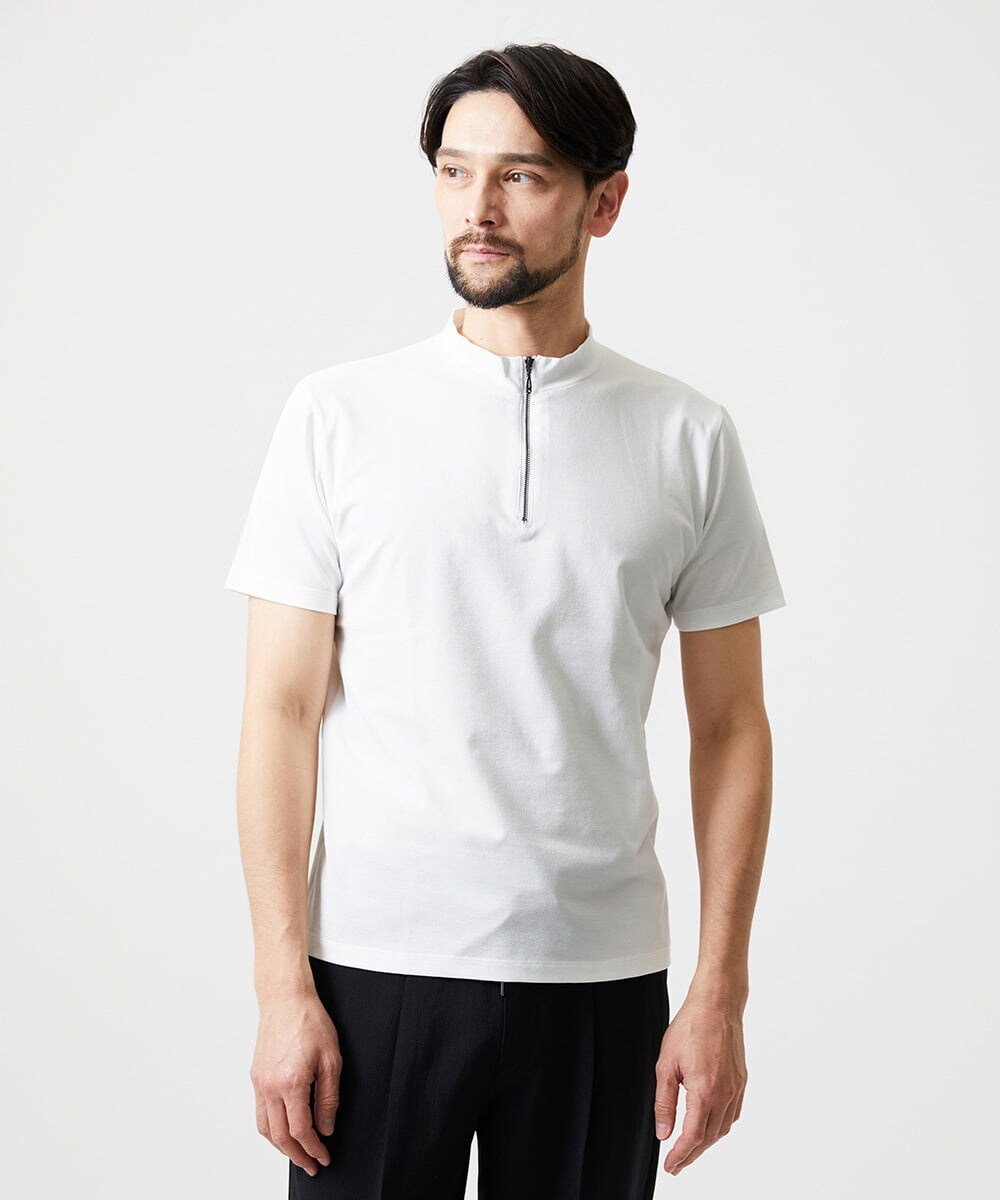 MICHEL KLEIN HOMME モックネックハーフジップ半袖カットソー ミッシェルクランオム トップス カットソー・Tシャツ ホワイト ブラック【送料無料】