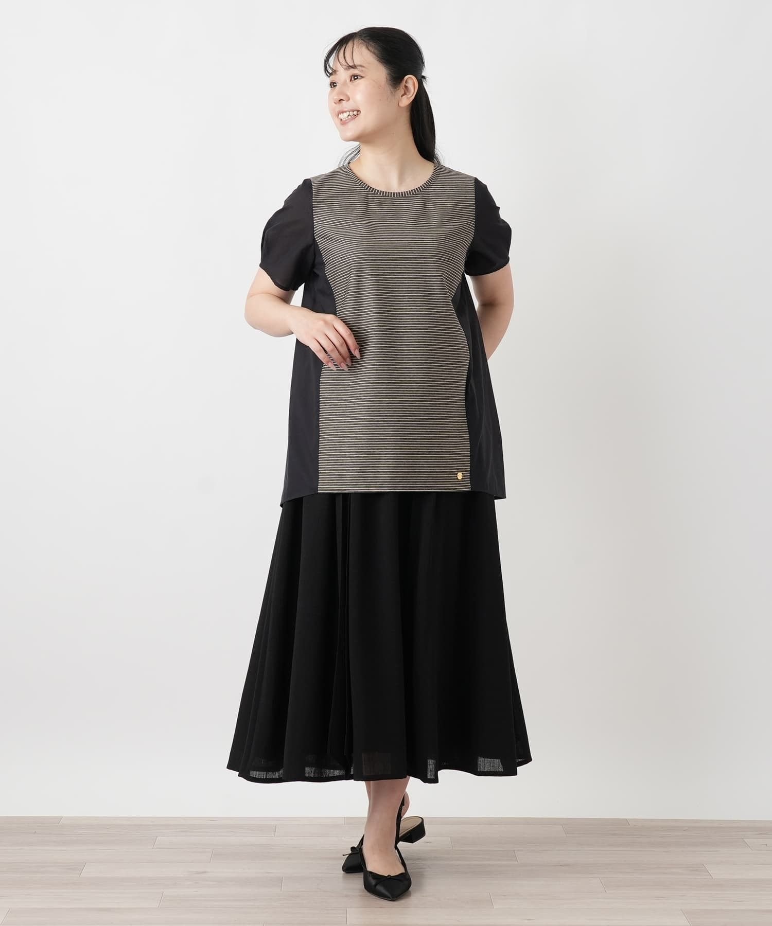 Leilian ボーダー切替パフスリーブブラウス【Leilian WHITE LABEL】 レリアン トップス シャツ・ブラウス ブラック ホワイト