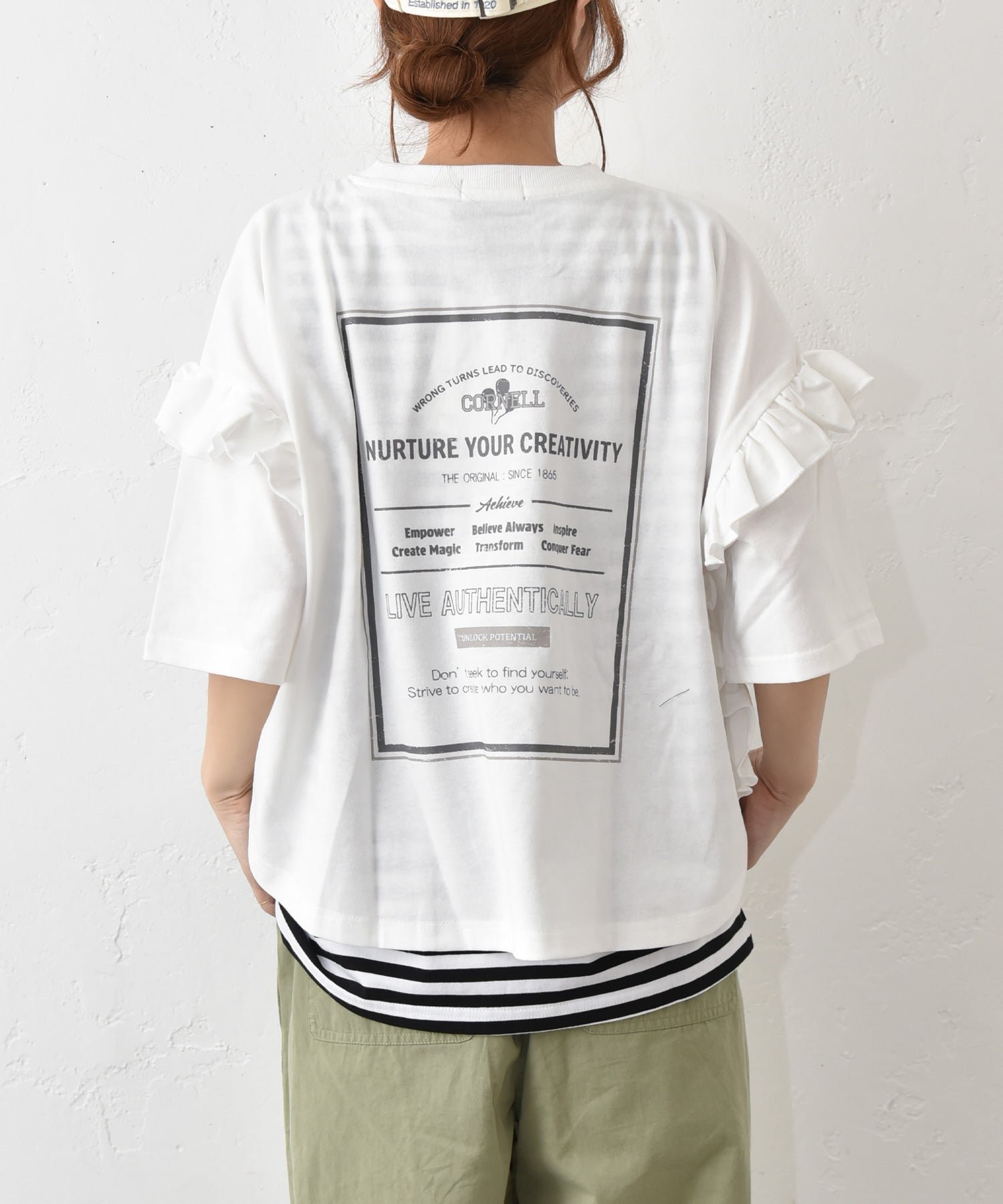 in the Market IN THE MARKET｜袖フリルBIGプリントTシャツ [[10033162]][C] ハグハグ トップス カットソー・Tシャツ ホワイト ブラック