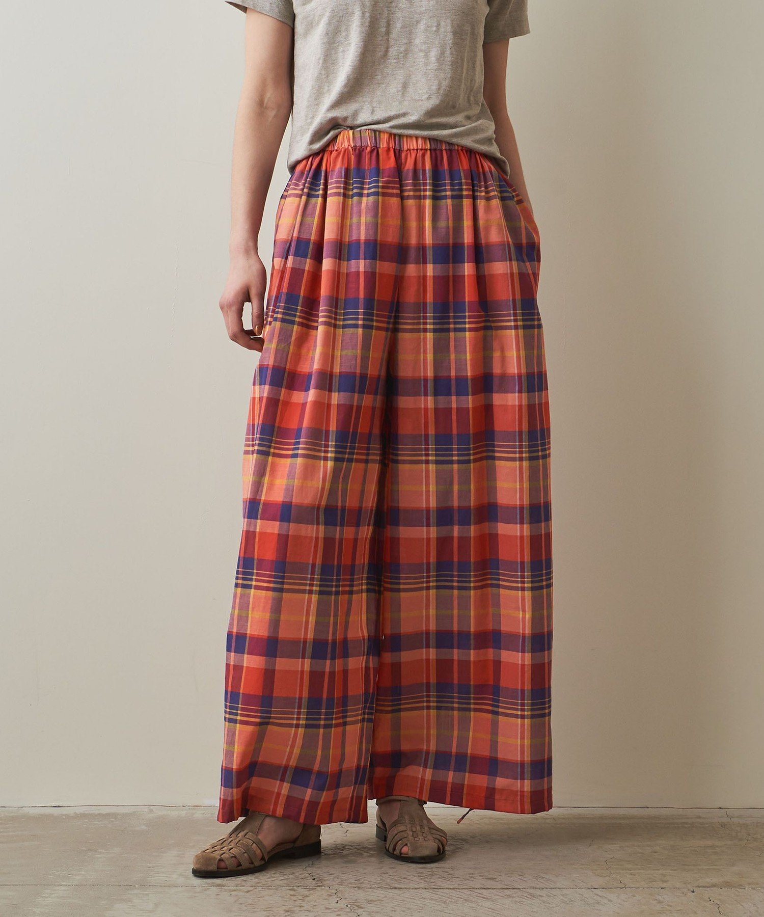 【SALE／50%OFF】Steven Alan ＜Steven Alan＞COTTON SILK CHECK EASY WIDE PANTS/パンツ ユナイテッドアローズ アウトレット パンツ その他のパンツ レッド グリーン【送料無料】