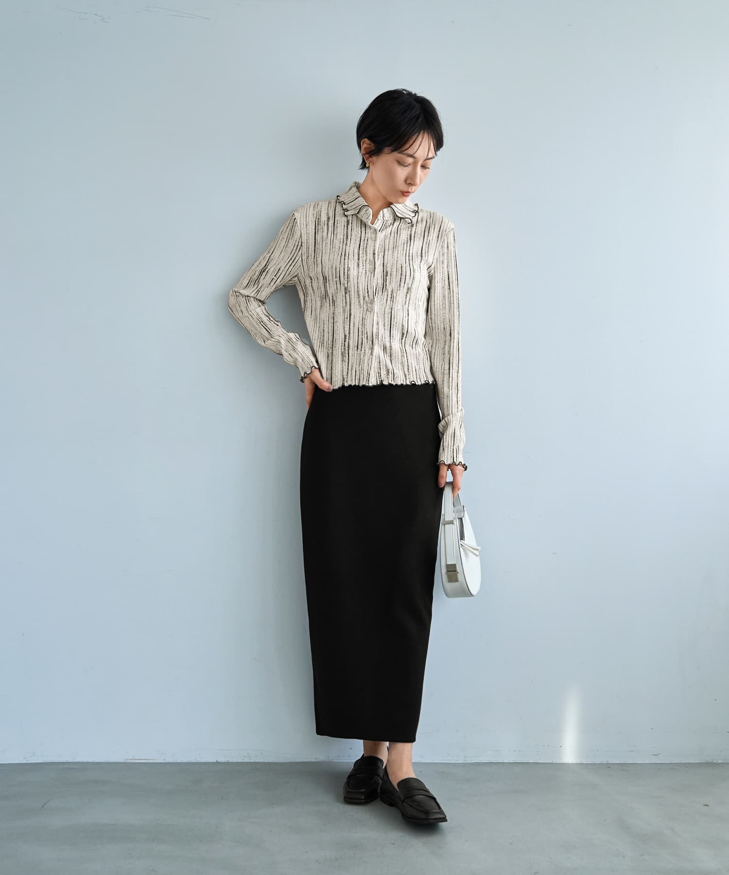 STYLE DELI かすれ柄編みWボタン襟付きトップス スタイルデリ トップス シャツ・ブラウス ホワイト グレー