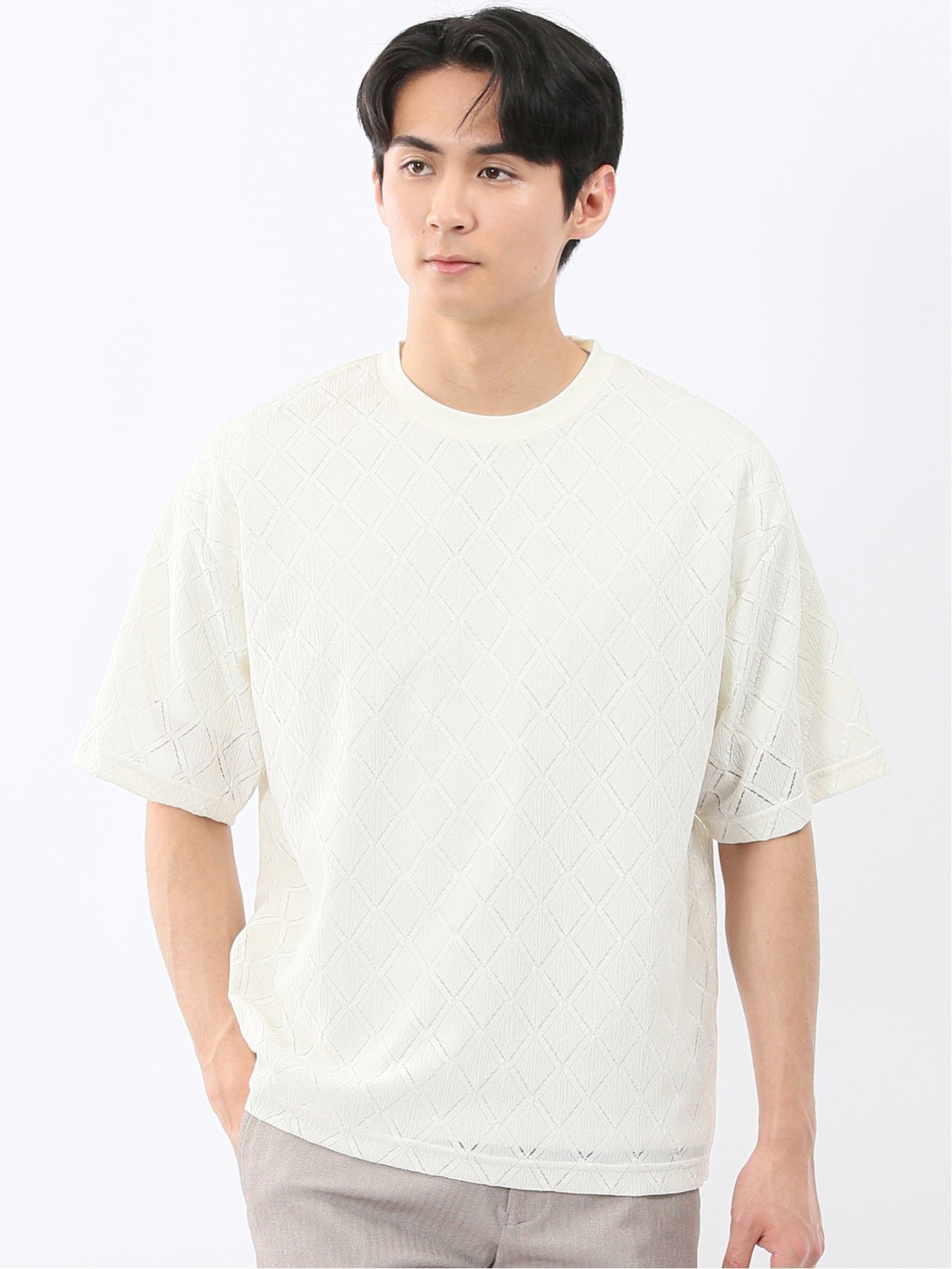 【SALE／10%OFF】TAKA-Q ダイヤ柄 クルー プルオーバー & 半袖 Tシャツ アンサンブル タカキュー トップス アンサンブル ホワイト【送料無料】