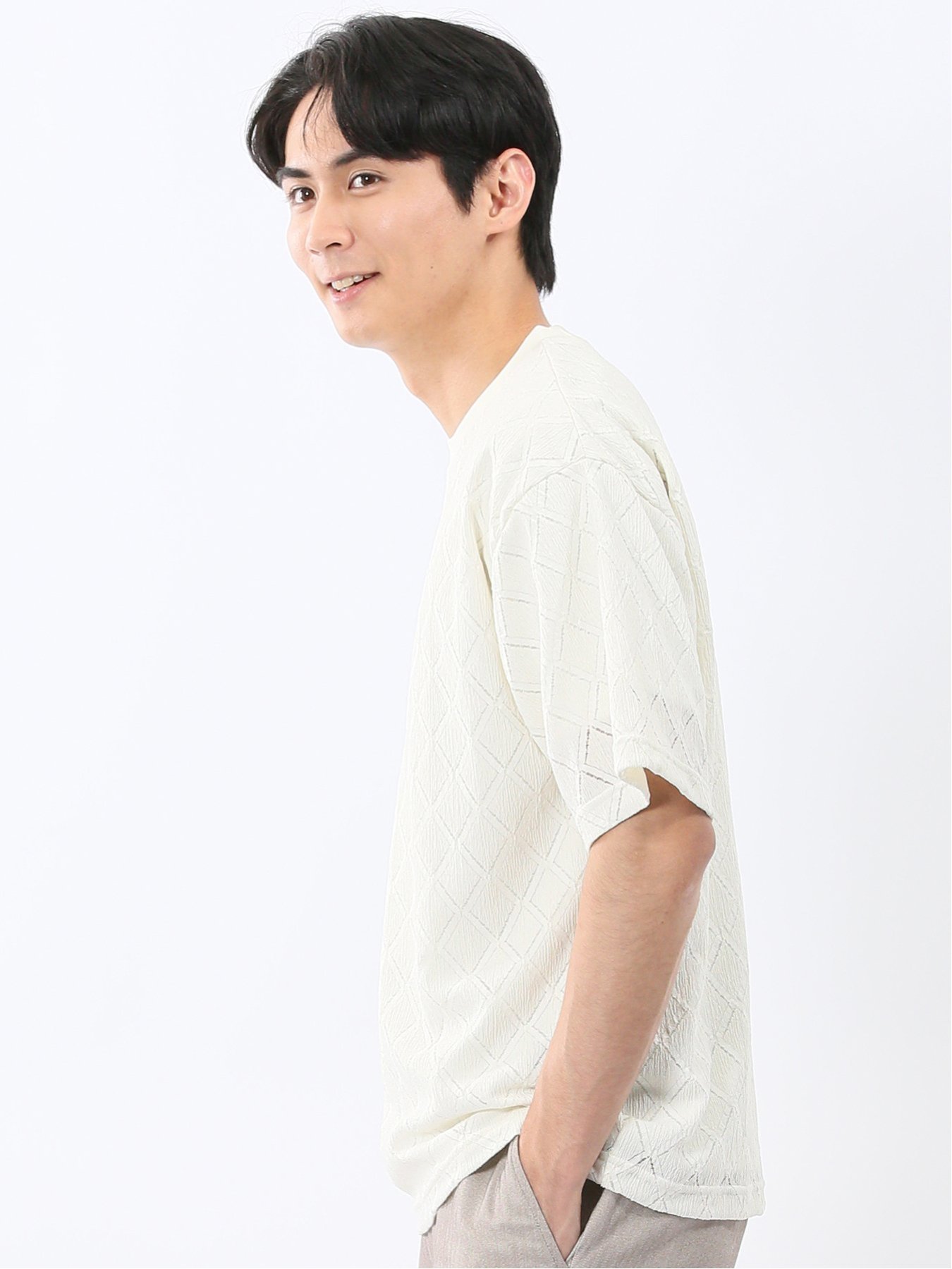 【SALE／10%OFF】TAKA-Q ダイヤ柄 クルー プルオーバー & 半袖 Tシャツ アンサンブル タカキュー トップス アンサンブル ホワイト【送料無料】