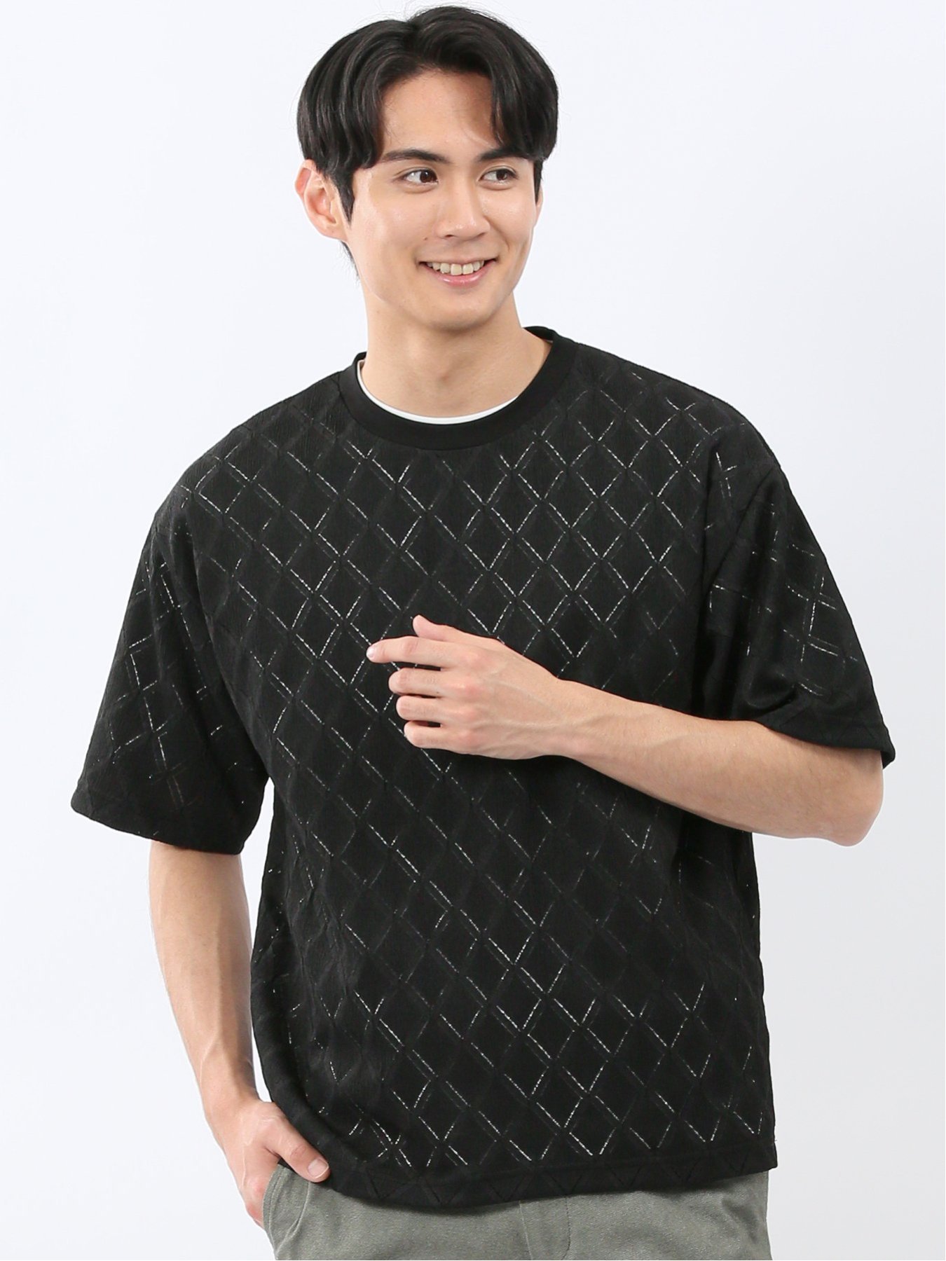 【SALE／10%OFF】TAKA-Q ダイヤ柄 クルー プルオーバー & 半袖 Tシャツ アンサンブル タカキュー トップス アンサンブル ホワイト【送料無料】