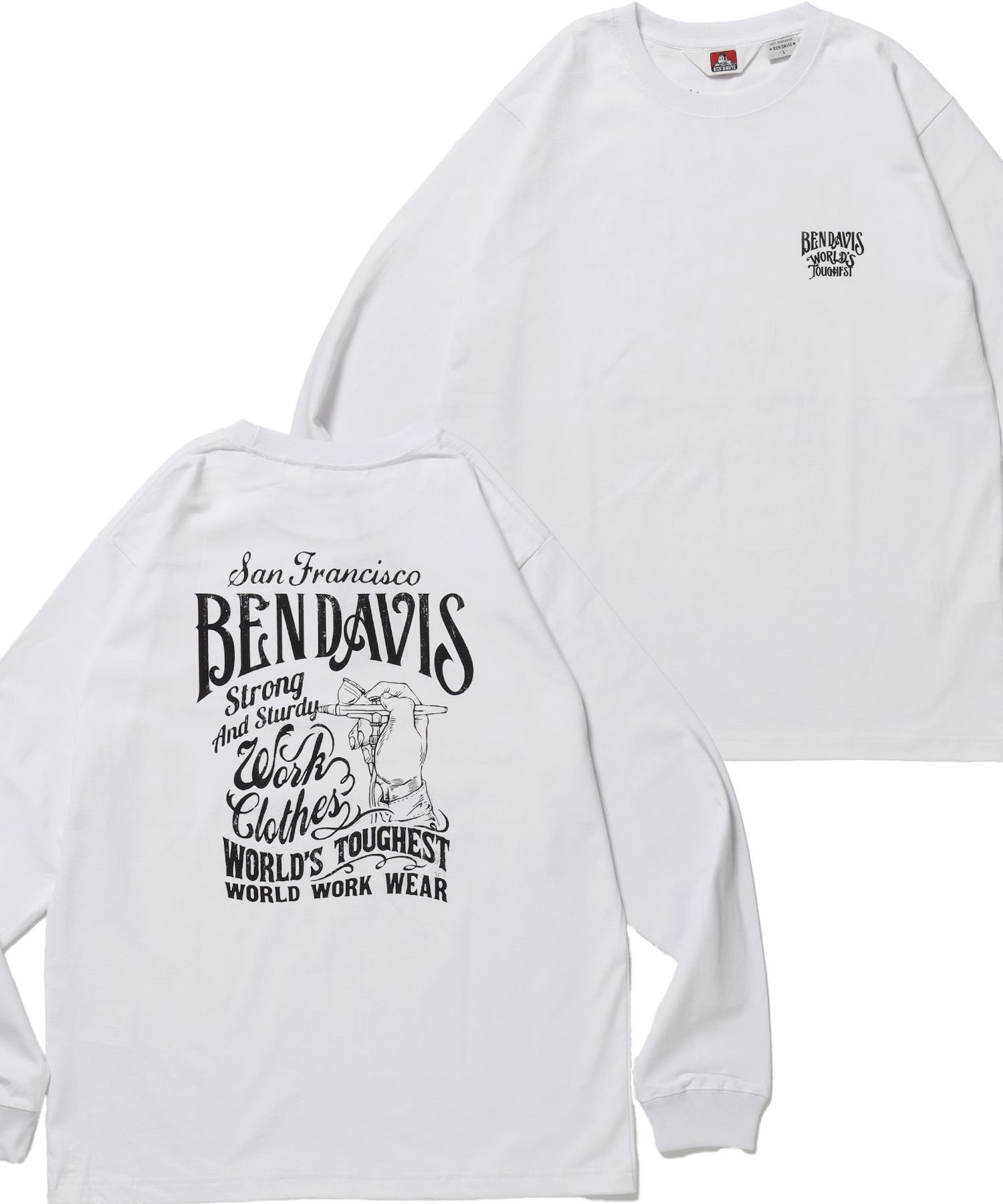 BEN DAVIS / WHITE LABEL 【BEN DAVIS(ベンデイビス)】PAINTER'S SIGN L/S TEE / ロンT クルーネック 長袖 ワンポイント プリント ユニセックス ナバル トップス カットソー・Tシャツ グリーン ブラック ホワイト【送料無料】