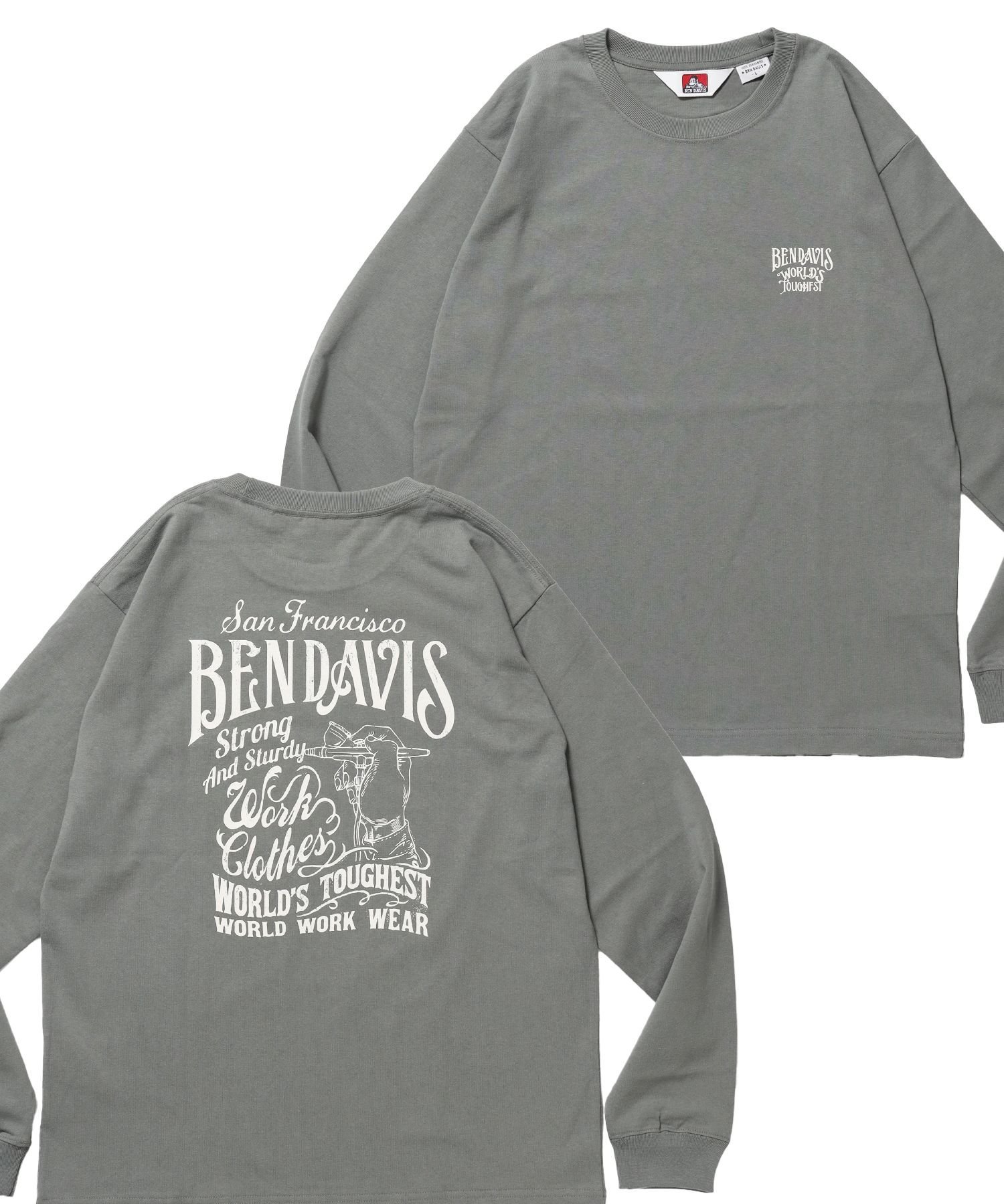 BEN DAVIS / WHITE LABEL 【BEN DAVIS(ベンデイビス)】PAINTER'S SIGN L/S TEE / ロンT クルーネック 長袖 ワンポイント プリント ユニセックス ナバル トップス カットソー・Tシャツ グリーン ブラック ホワイト【送料無料】