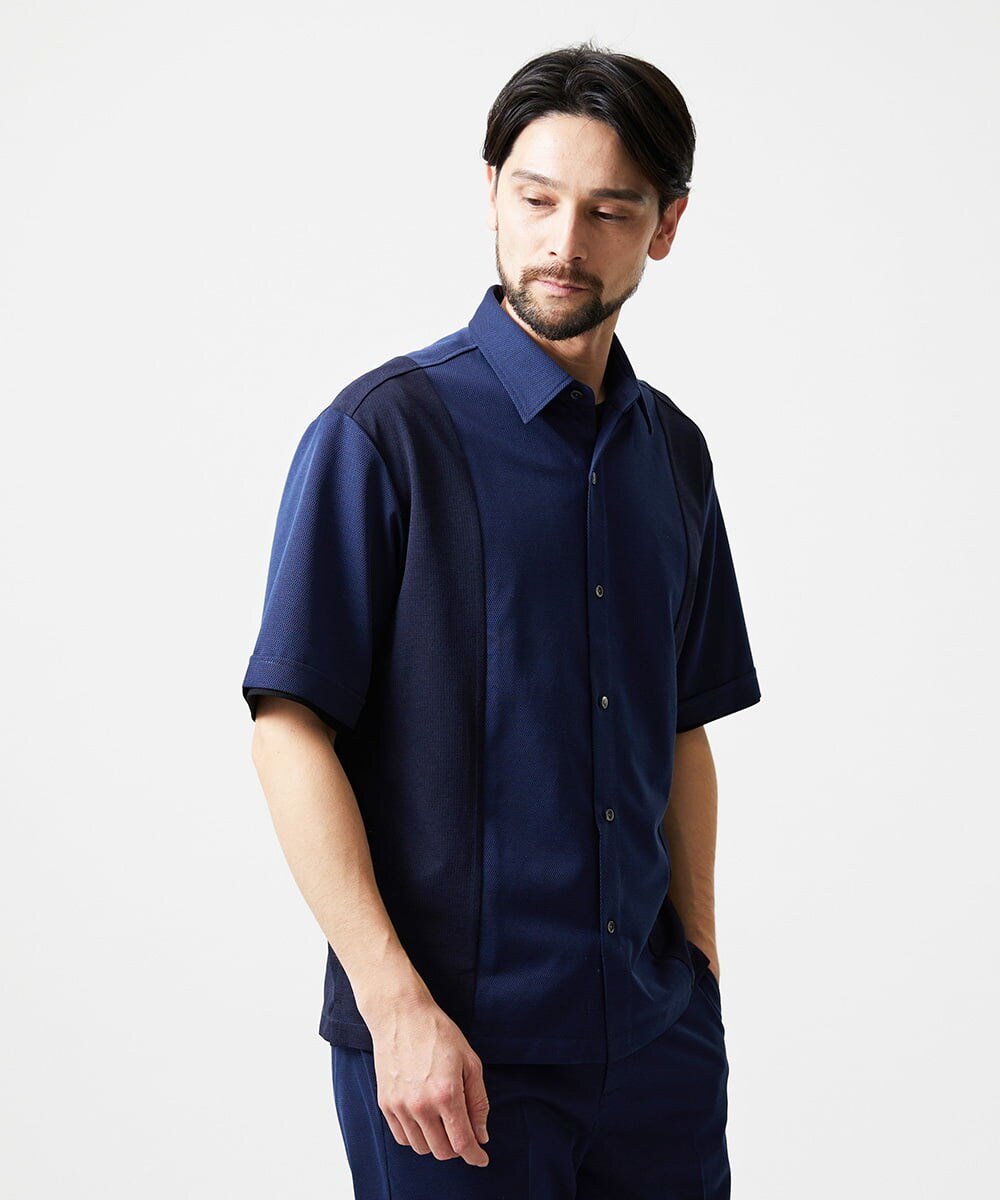 MICHEL KLEIN HOMME 【セットアップ】異素材コンビ半袖シャツ ミッシェルクランオム トップス シャツ・ブラウス ブルー