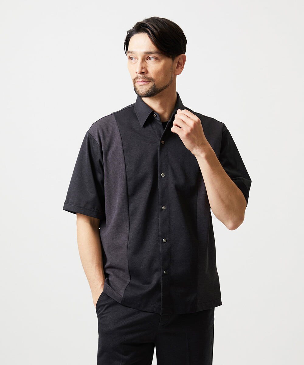 MICHEL KLEIN HOMME 【セットアップ】異素材コンビ半袖シャツ ミッシェルクランオム トップス シャツ・ブラウス ブルー