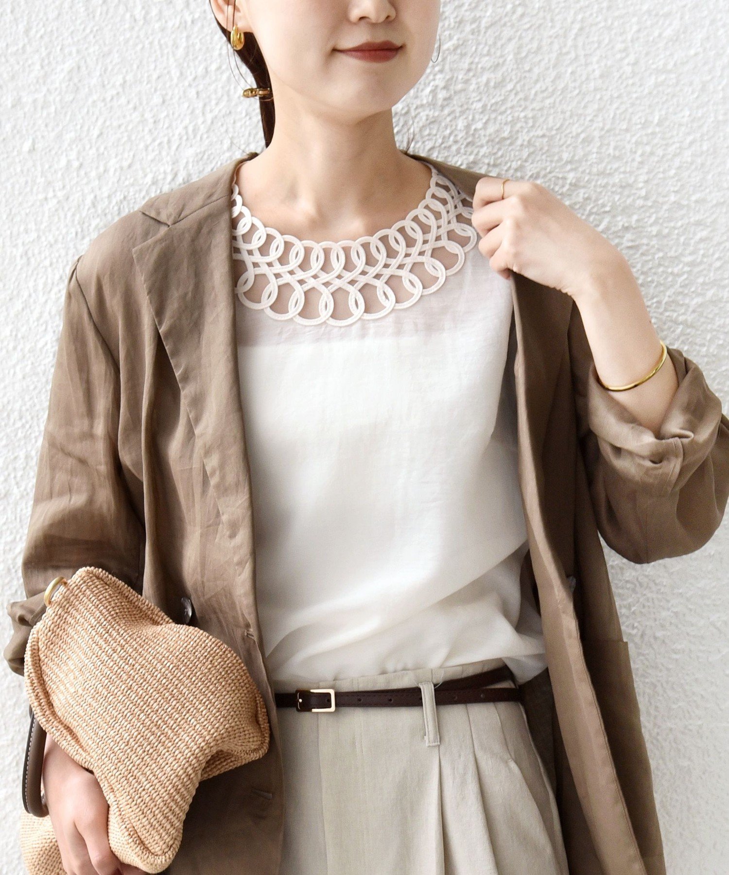 WOMEN ＜手洗い可能＞襟 刺繍 デザイン ヴィンテージ スパン ブラウス シップス トップス シャツ・ブラウス ネイビー カーキグリーン ブラック ホワイト