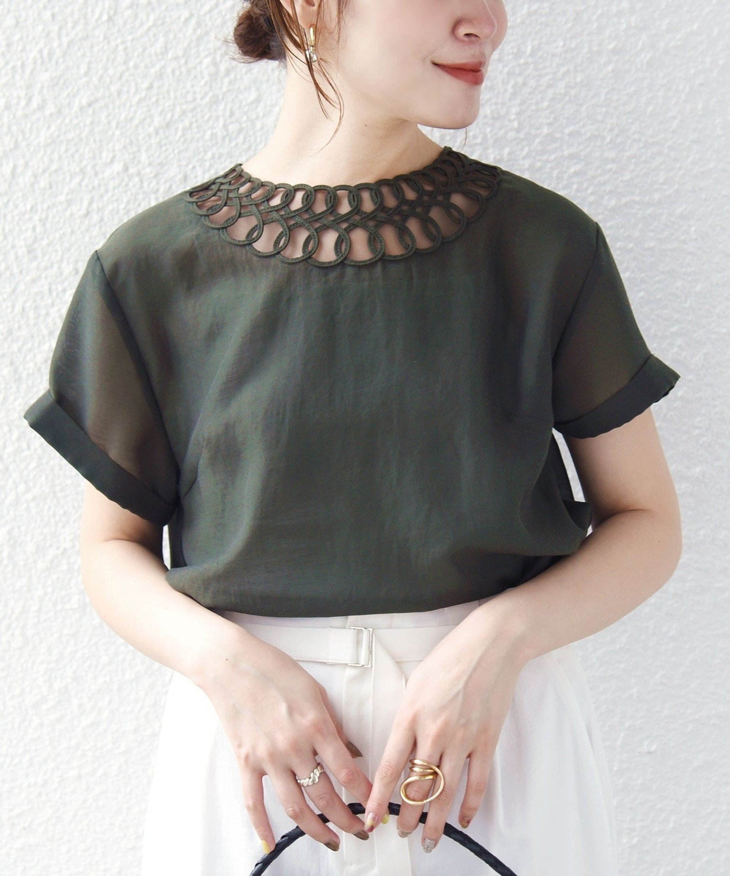 WOMEN ＜手洗い可能＞襟 刺繍 デザイン ヴィンテージ スパン ブラウス シップス トップス シャツ・ブラウス ネイビー カーキグリーン ブラック ホワイト