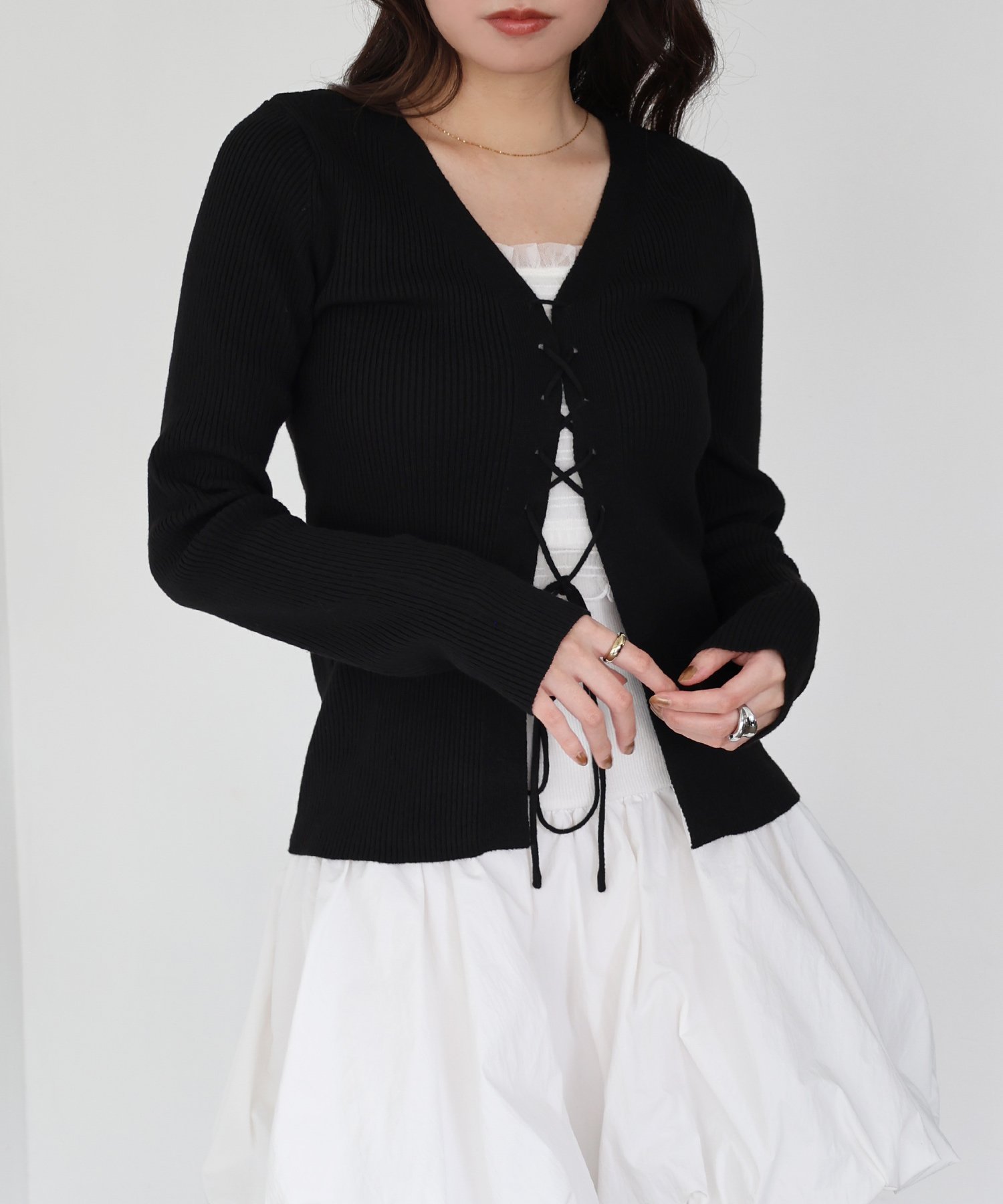 Freesia レースアップ リボン 2way リブ ニット トップス Freesia フリージア  ...