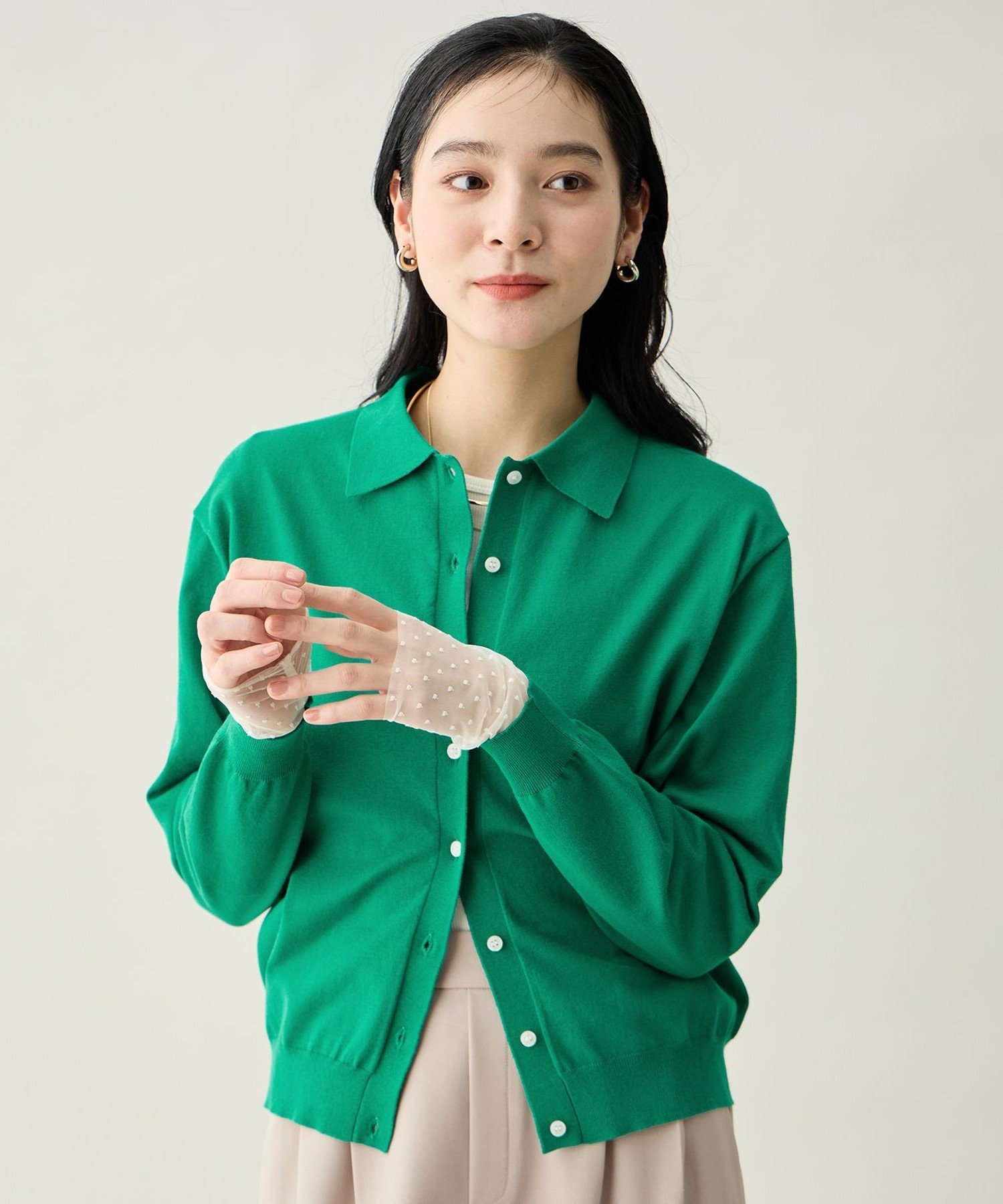【SALE／30%OFF】ANY L コットンブレンドポロカーデ エニィ トップス カーディガン グリーン ブルー ベージュ