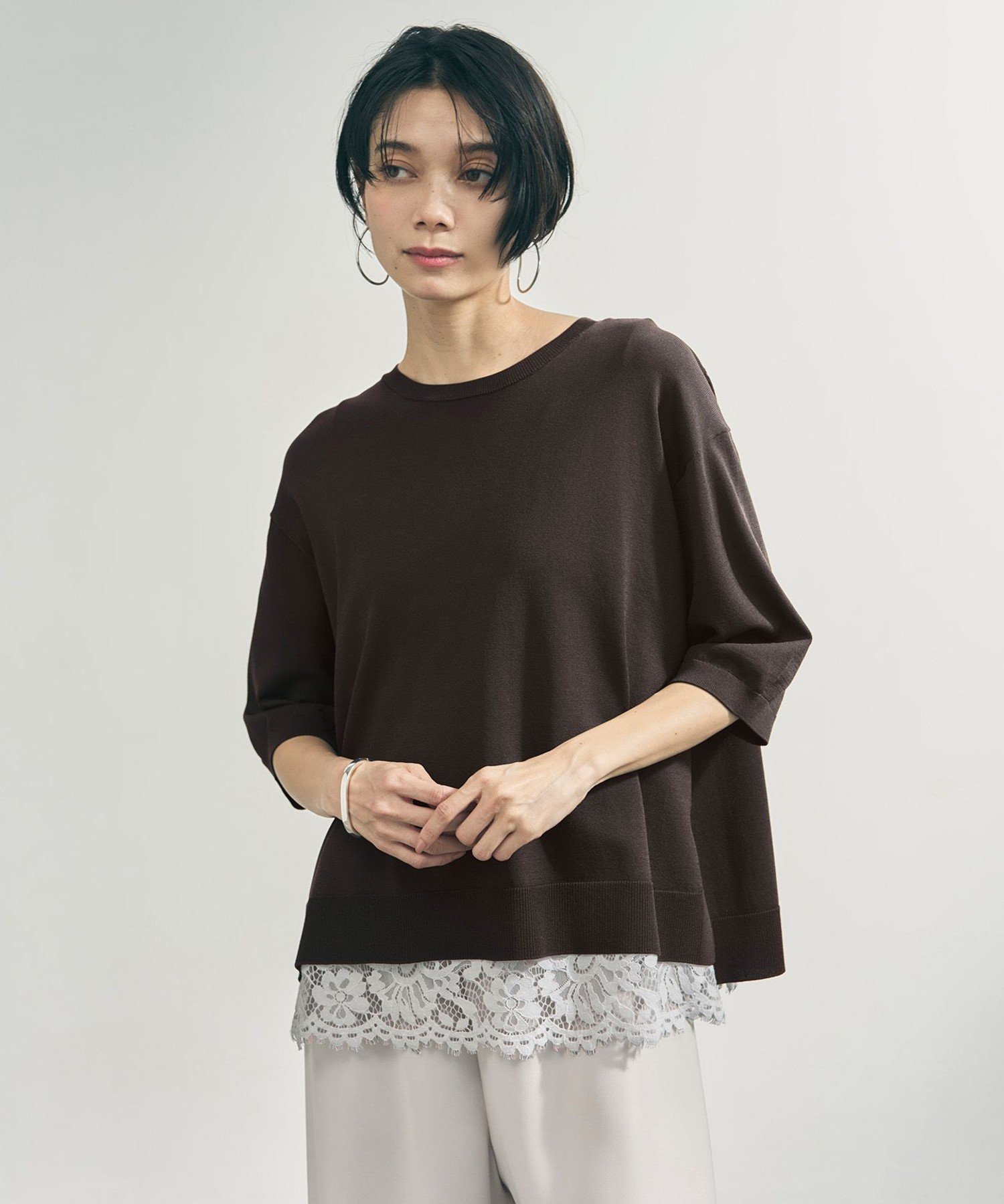 UNFILO L スゴ機能美ニット ハーフスリーブ アンフィーロ トップス ニット グレー ネイビー レッド グリーン ブルー ブラウン