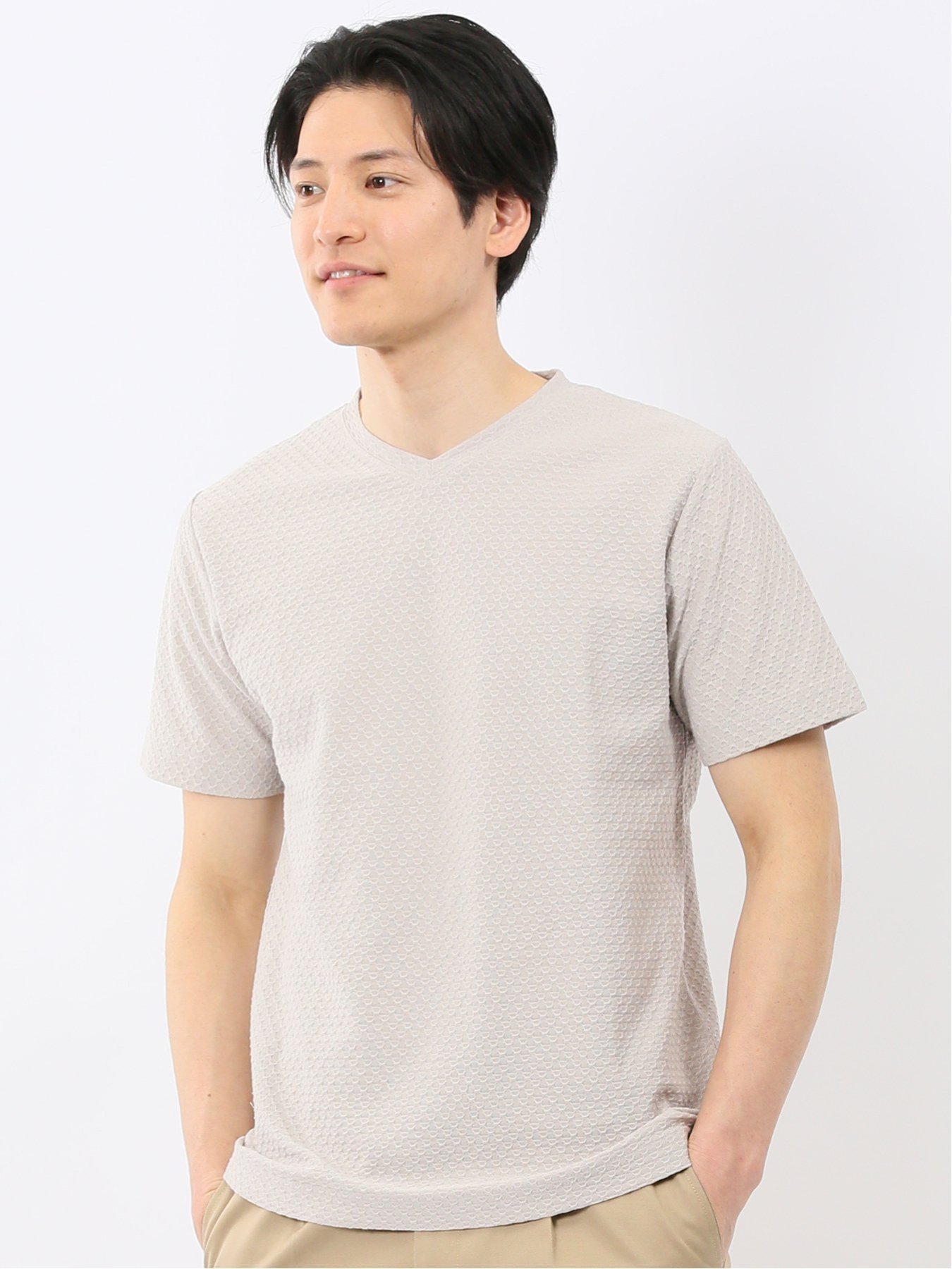 【SALE／10%OFF】TAKA-Q ループ ジャガード Vネック 半袖 Tシャツ タカキュー トップス カットソー・Tシャツ ベージュ