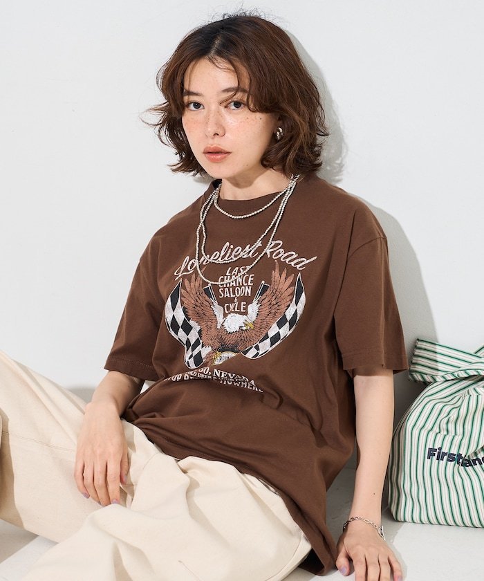 ROCK T-SHIRT フリークスストア トップス カットソー・Tシャツ グレー ブラウン