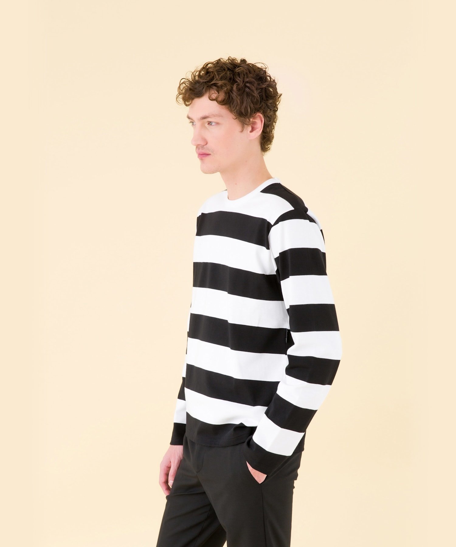 agnes b. HOMME メンズ 太ボーダー コットン 長袖 Tシャツ "Coulos" アニエスベー トップス カットソー・Tシャツ ブラック【送料無料】