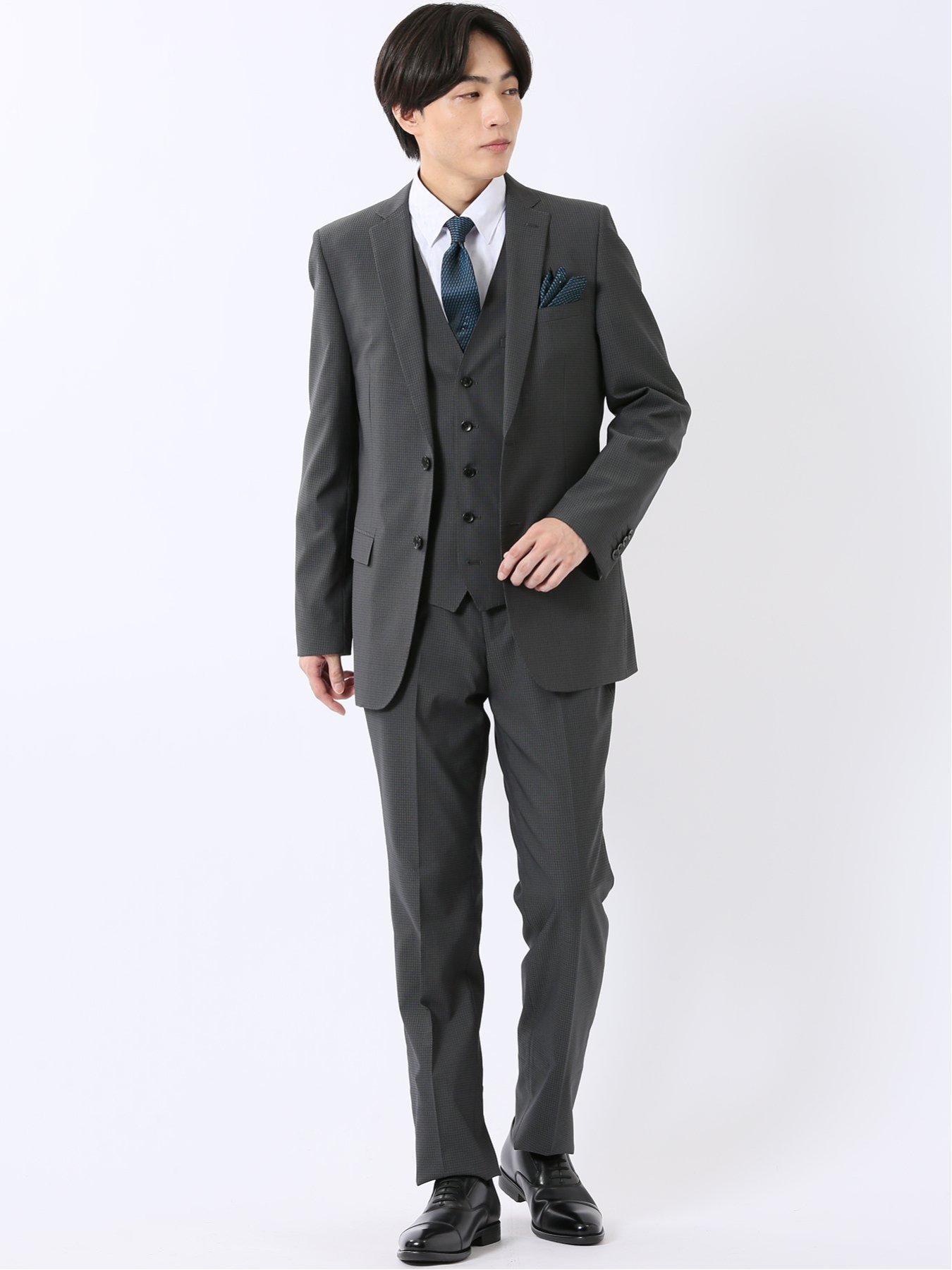【SALE／10%OFF】TAKA-Q スーツ メンズ 上下 セットアップ スリーピース ビジネス ストレッチ 2つボタン スリム ベスト付き ウール混 光沢 組織無地 グレー タカキュー スーツ・フォーマル セットアップスーツ グレー【送料無料】