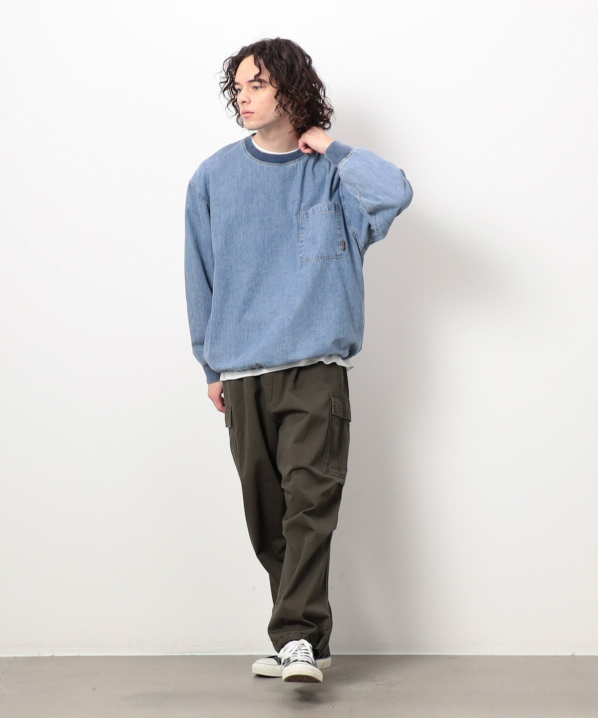 Purple&Yellow デニムクルーネックプルオーバー コムサイズム トップス カットソー・Tシャツ ブラック ブルー