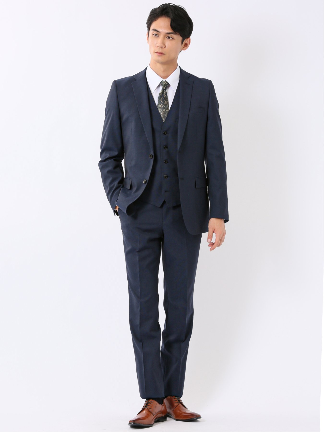【SALE／10%OFF】TAKA-Q スーツ メンズ 上下 セットアップ スリーピース ビジネス ストレッチ 2つボタン スリム ベスト付き ウール混 光沢 組織無地 紺 タカキュー スーツ・フォーマル セットアップスーツ ネイビー【送料無料】