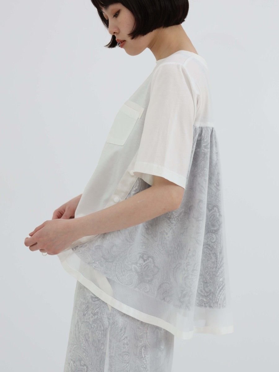 LASUD バックシフォンペイズリーカットソー ラシュッド トップス カットソー・Tシャツ ホワイト ブラック